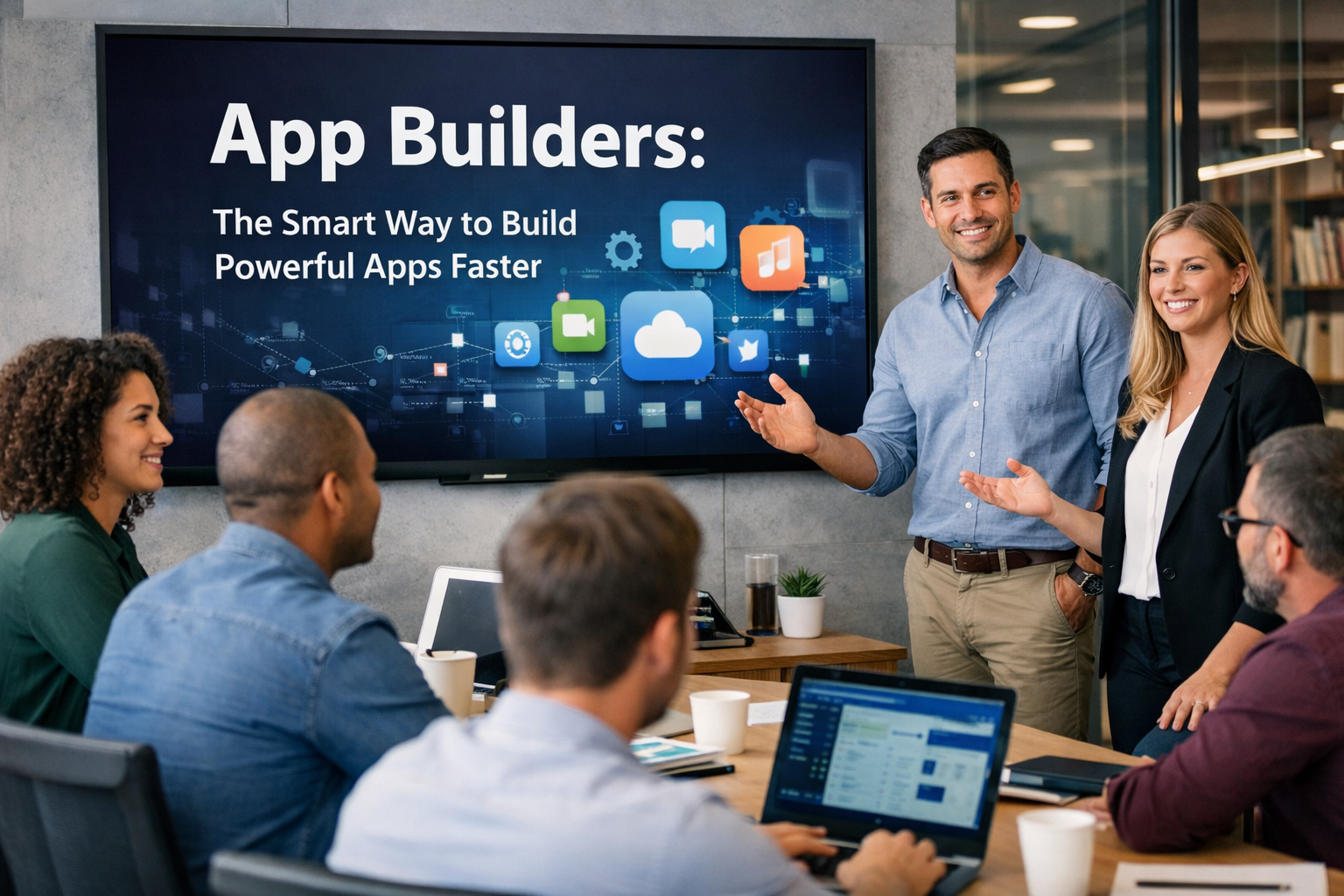 App builders presentation in a modern office where a development team discusses no-code and low-code app development tools