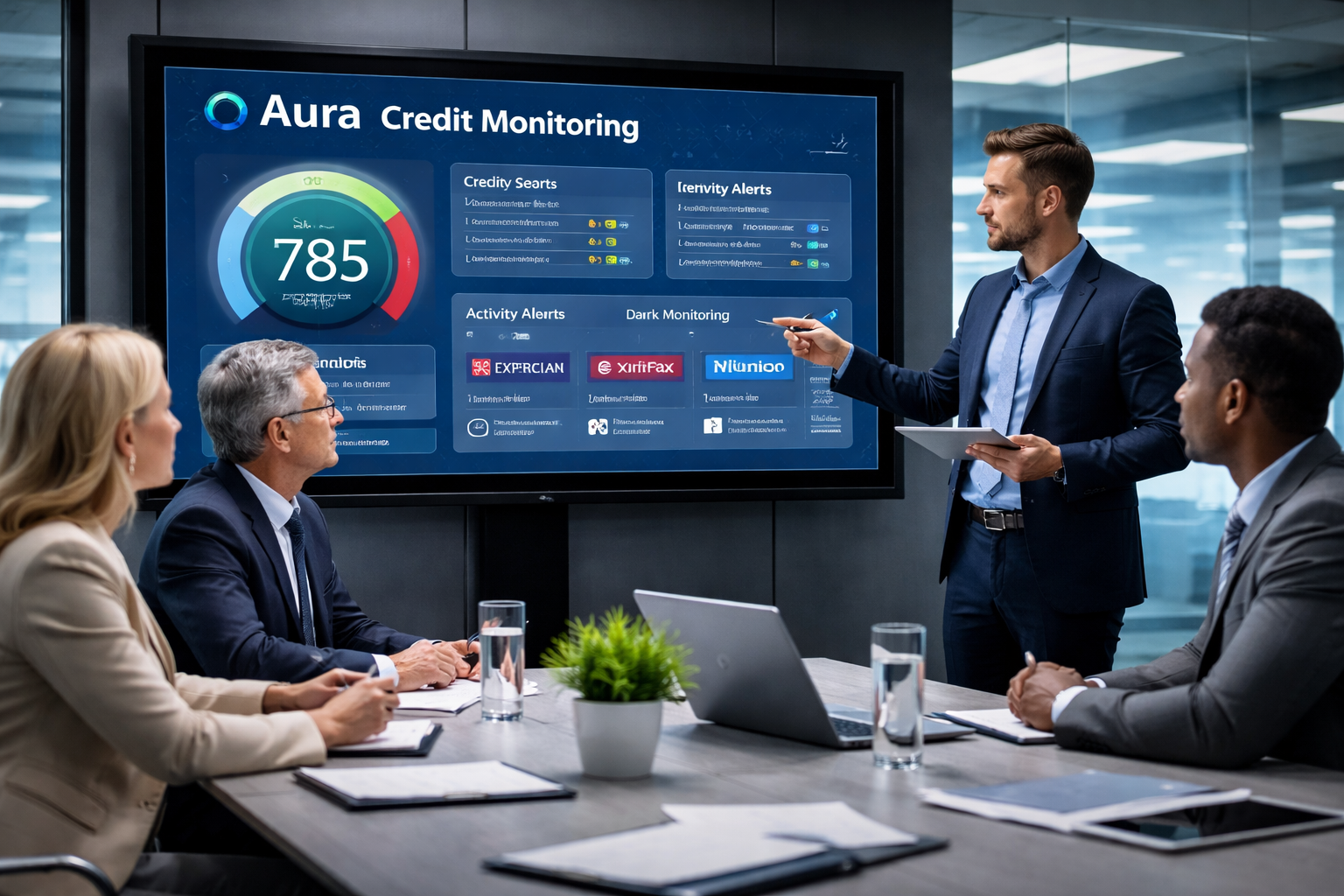 Business team and cybersecurity expert discussing Aura credit monitoring on a large screen in a conference room for financial security and fraud detection