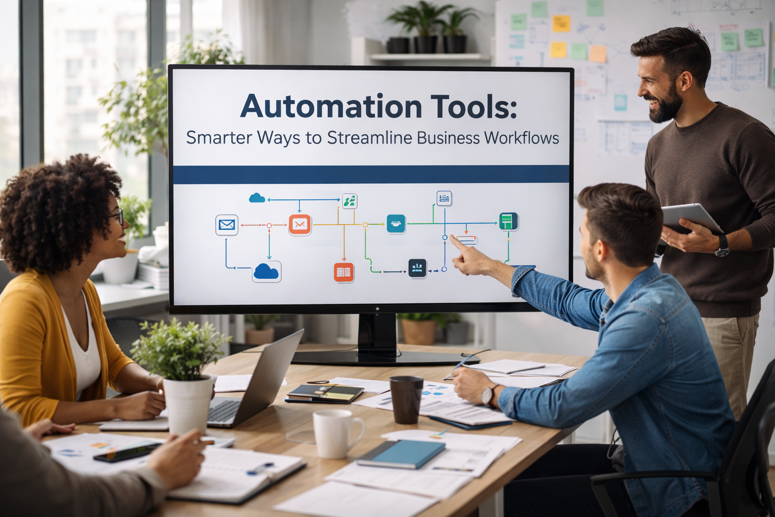Automation tools workflow dashboard displayed in a modern office where a team reviews business process automation on a digital screen