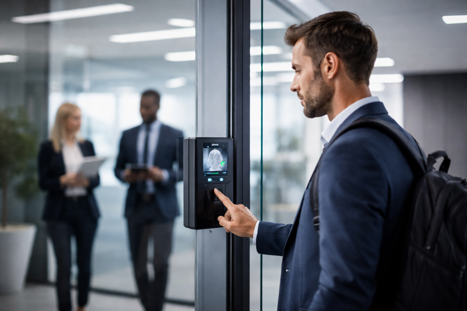 Employee using biometric authentication methods to access office entrance with fingerprint scanner and secure access control system