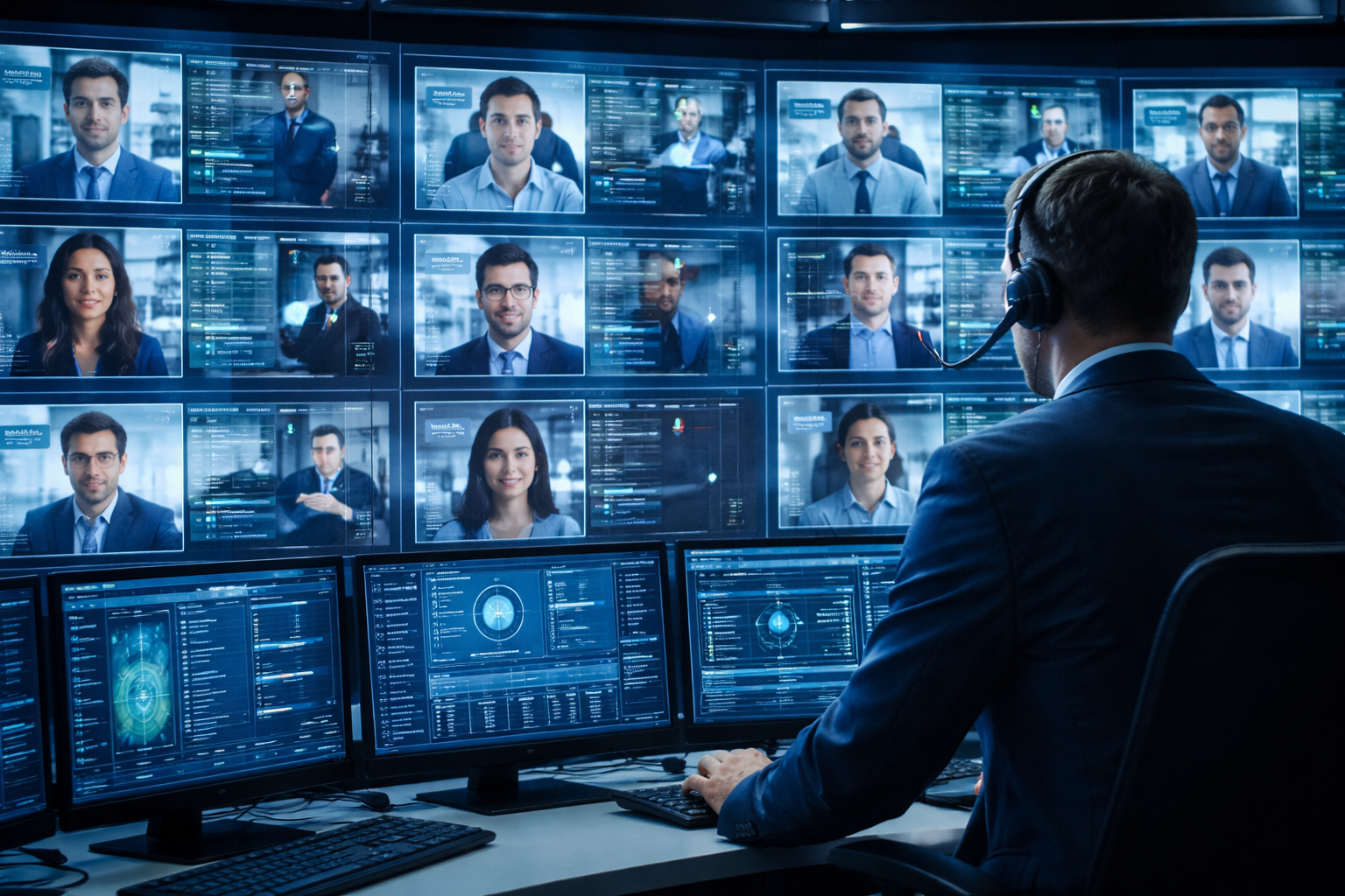 Cybersecurity expert monitoring biometric authentication systems on large screen to identify employees and enhance security checks