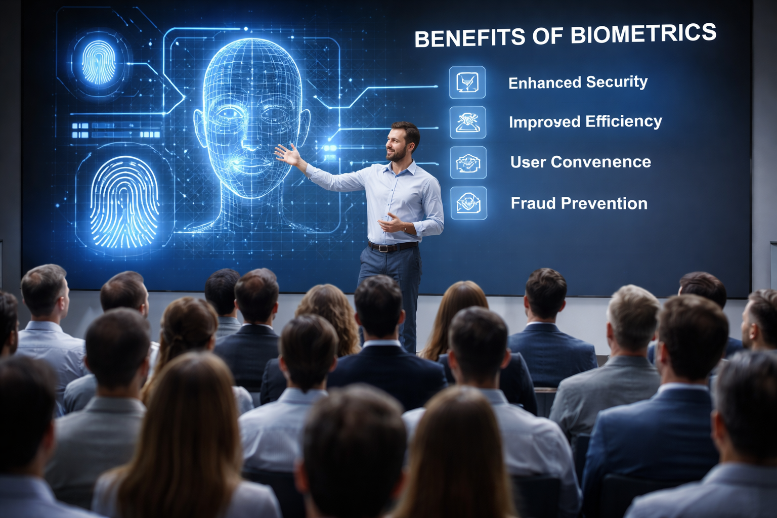 Tech specialist presenting biometrics meaning and benefits to large audience using fingerprint and facial recognition technology on screen