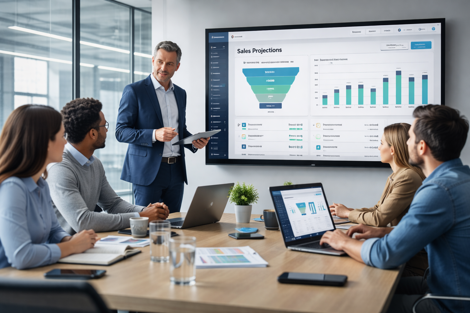 Sales team reviewing CRM software sales projections during a presentation in a modern conference room