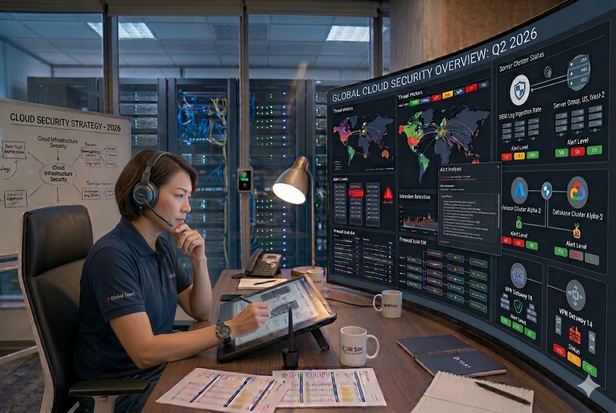 A female IT engineer in a data center office using a digital tablet to monitor a "Global Cloud Security Overview" dashboard for Q2 2026, featuring global threat maps, SIEM log rates, and server cluster statuses.