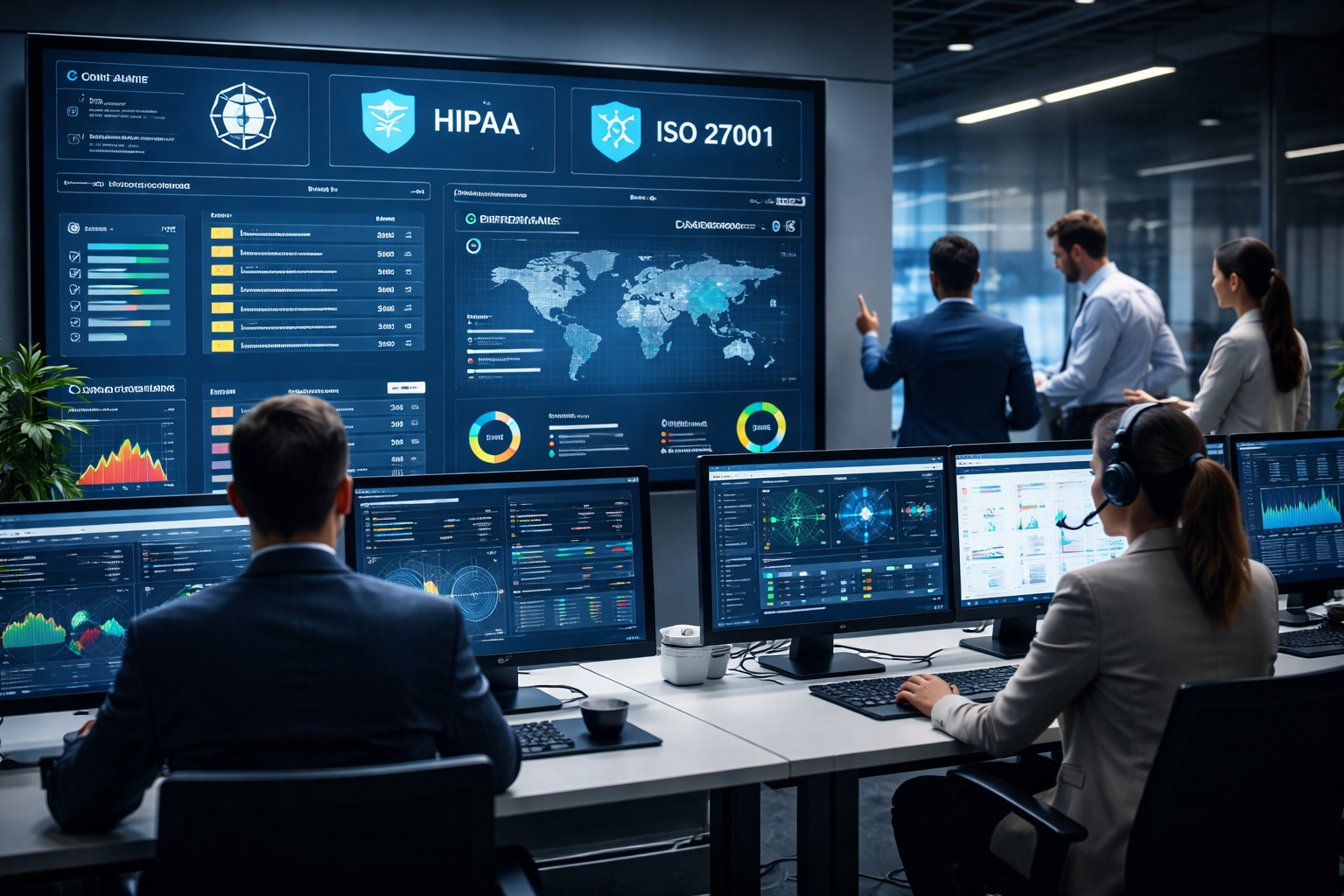 Cybersecurity team using compliance tools dashboard to monitor data security, risk management, and regulatory compliance in real time