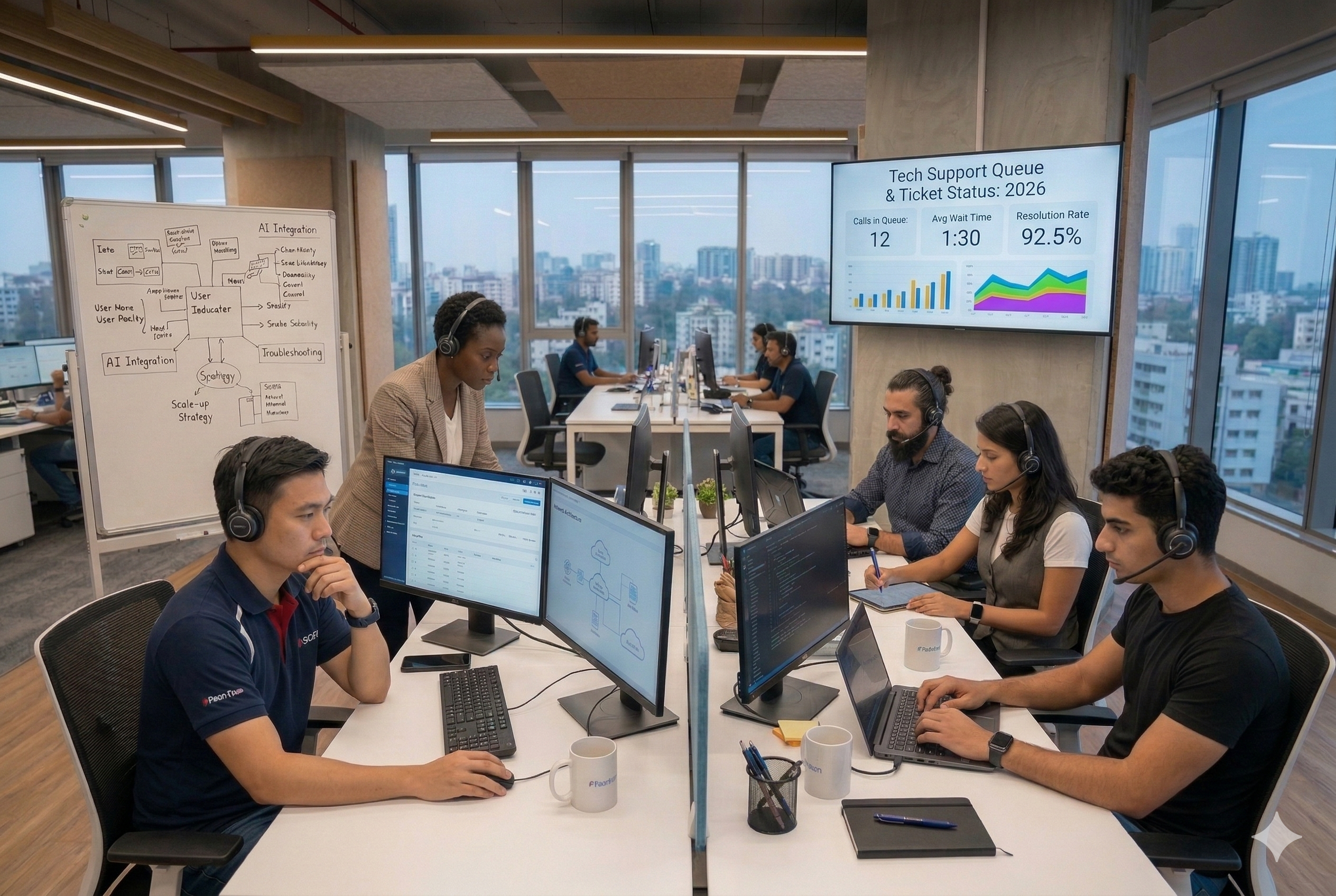 A busy, diverse tech support team in a modern office, wearing headsets and monitoring a data dashboard labeled "Tech Support Queue & Ticket Status: 2026" with metrics like resolution rate and wait time.