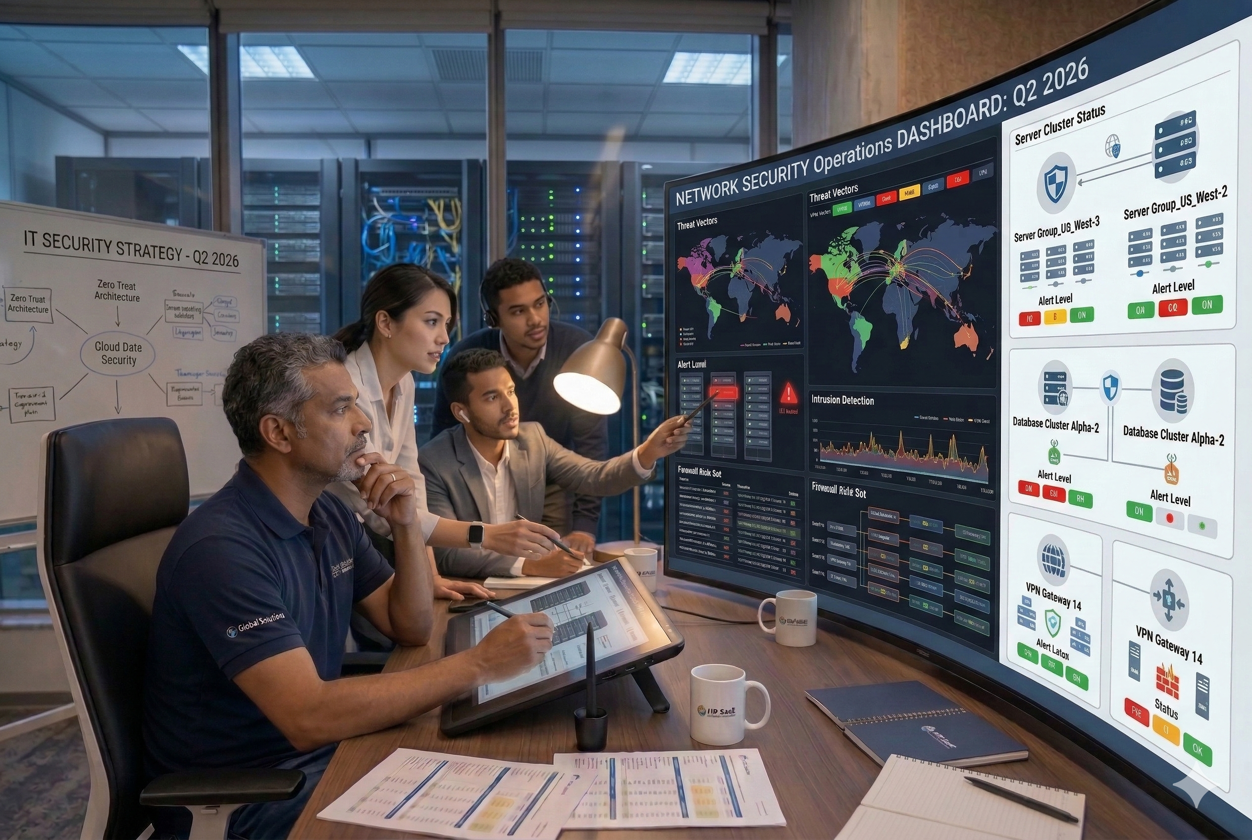A diverse group of IT security specialists collaborate in a modern, glass-walled office at night, using a massive curved digital dashboard to monitor real-time global threat maps and firewall rule sets. A whiteboard shows "IT SECURITY STRATEGY - Q2 2026."