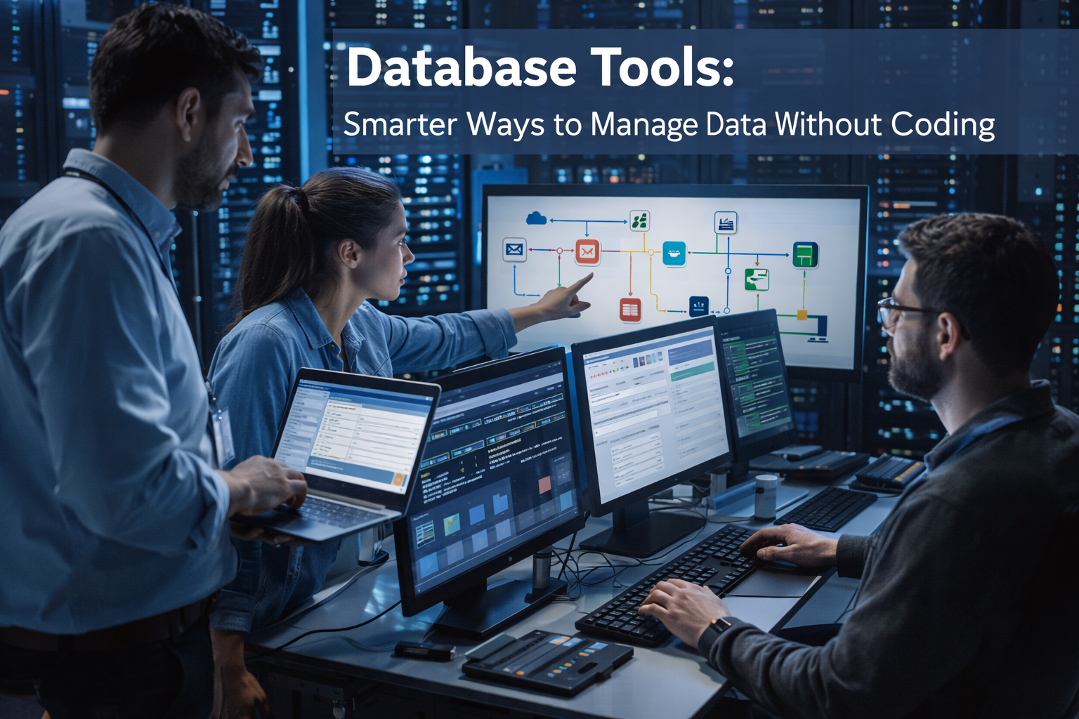 Engineers in a server room analyzing database tools and data management systems on large monitors