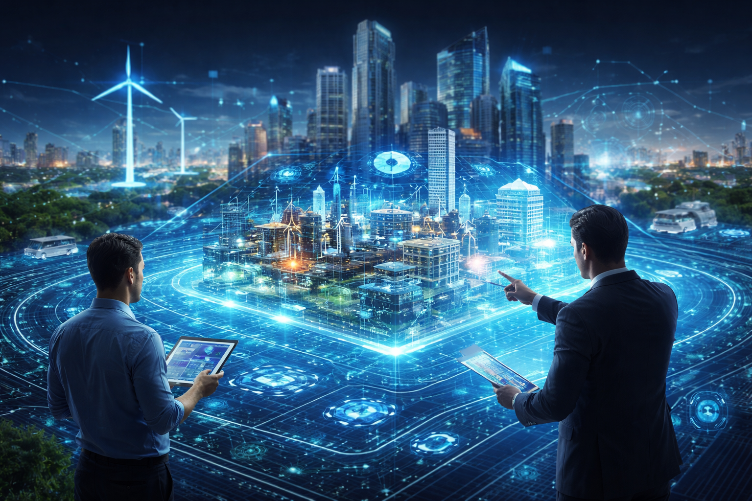 Digital twin technology visualization showing engineers interacting with a virtual smart city model using real-time data and simulation
