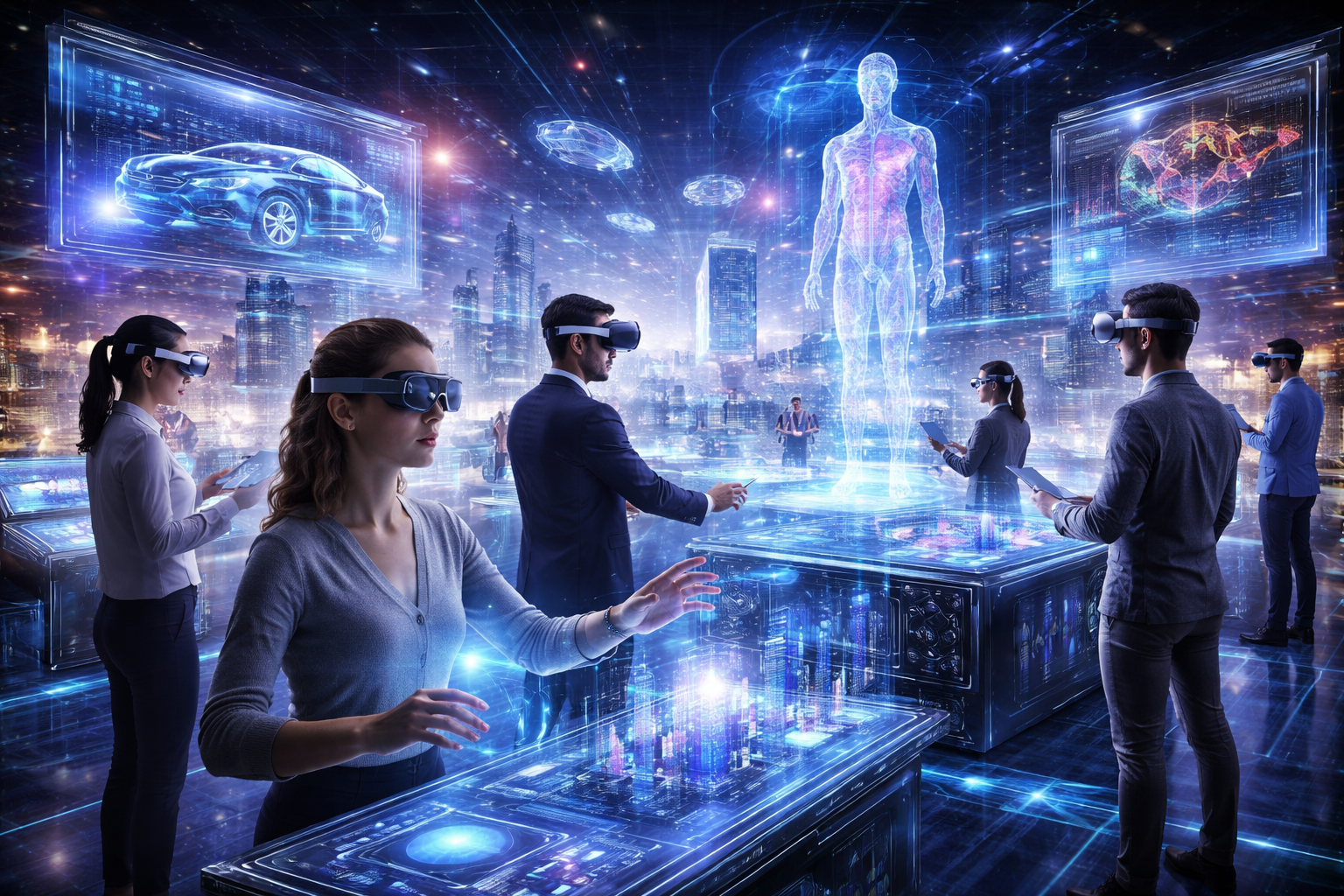 Extended reality environment with users wearing VR headsets interacting with holographic data, 3D models, and immersive digital interfaces in a futuristic workspace