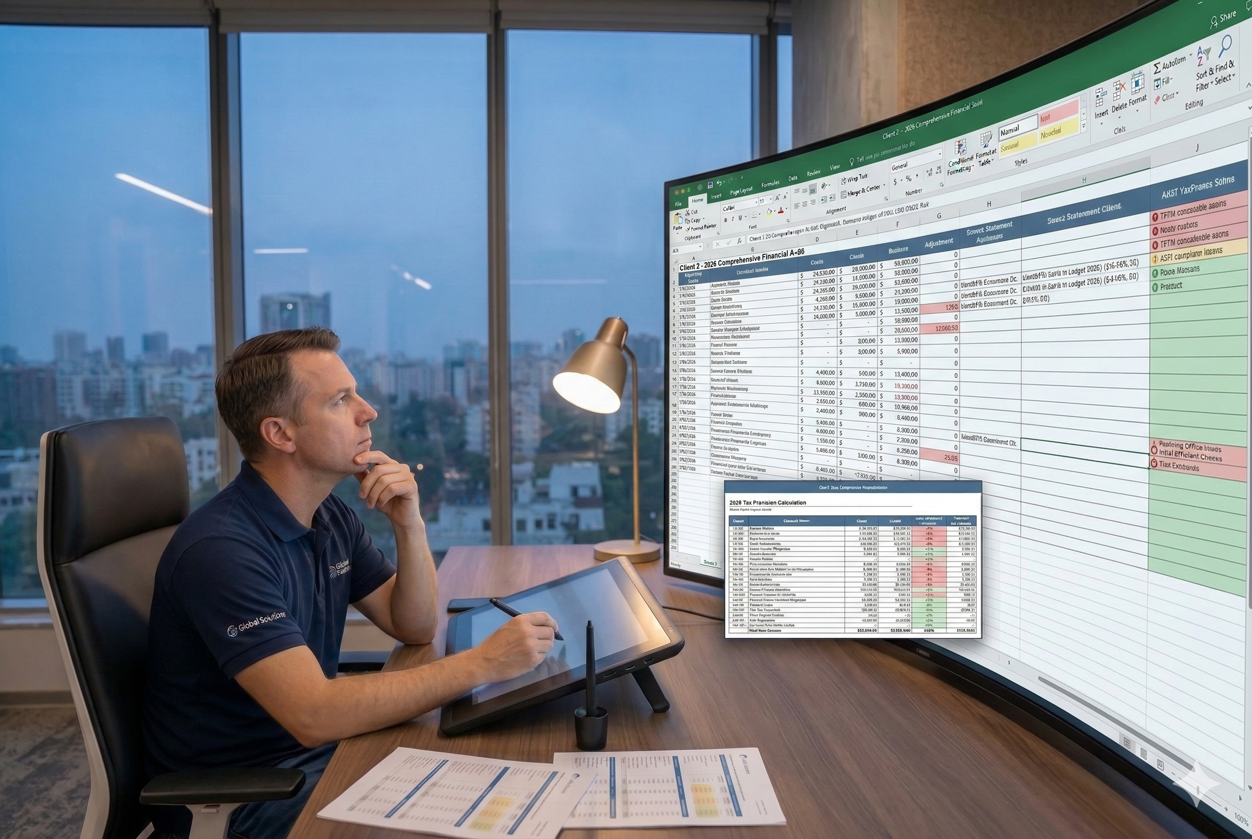 A professional accountant in a high-tech office using a stylus and tablet to analyze complex financial spreadsheets and audit data on a massive, high-resolution curved monitor.