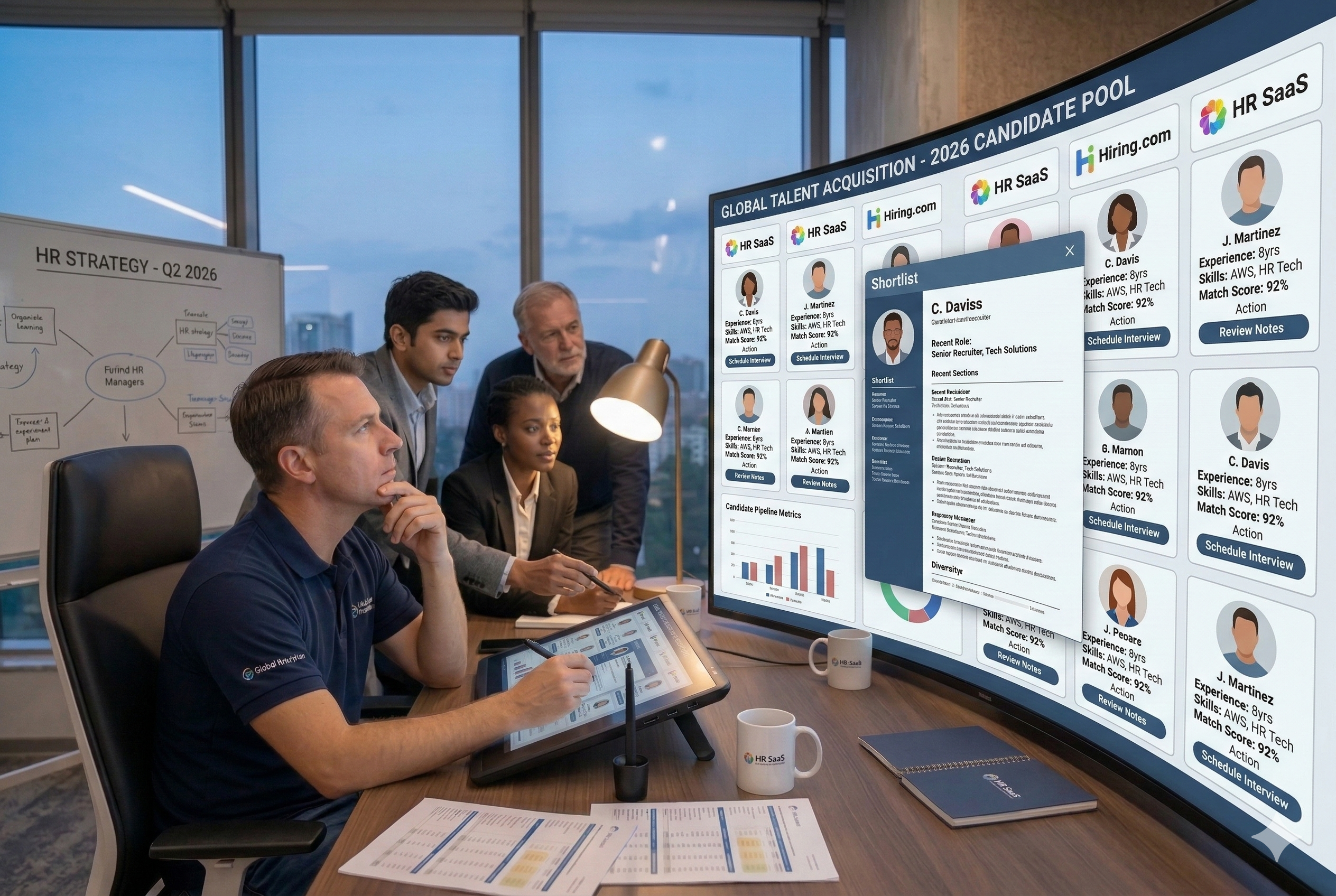 A diverse group of HR managers in a high-tech office environment reviewing a "2026 Candidate Pool" on a massive curved digital display featuring candidate profiles, match scores, and hiring metrics.