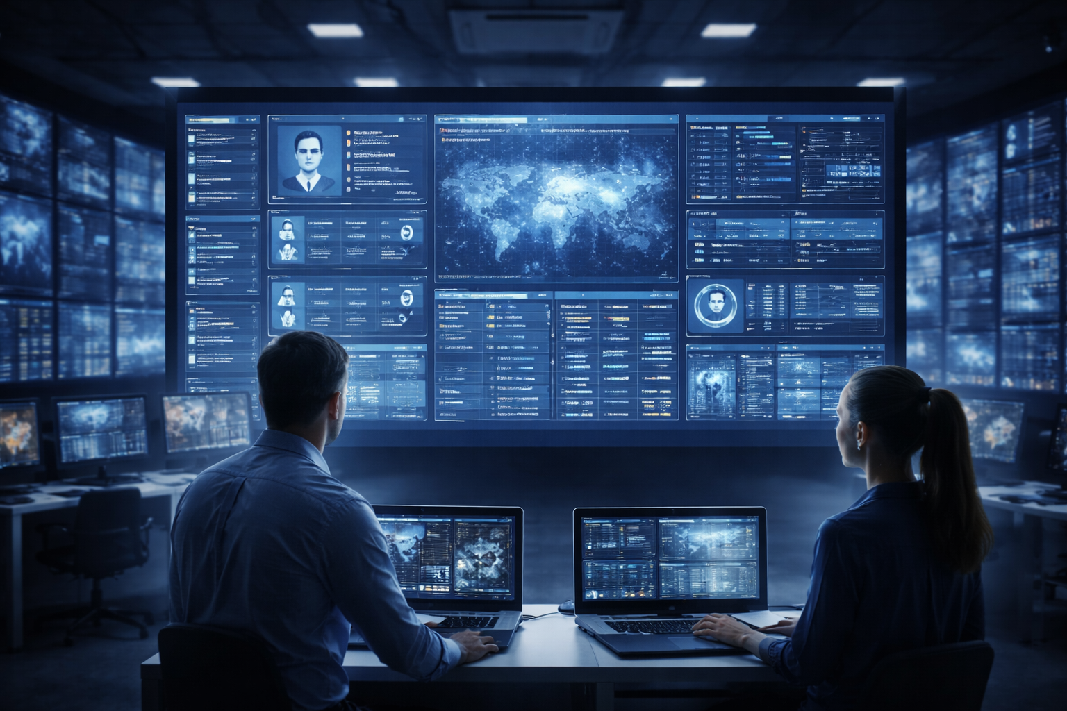 Cybersecurity professionals monitoring identity management system on large screen with user access data and real-time security analytics