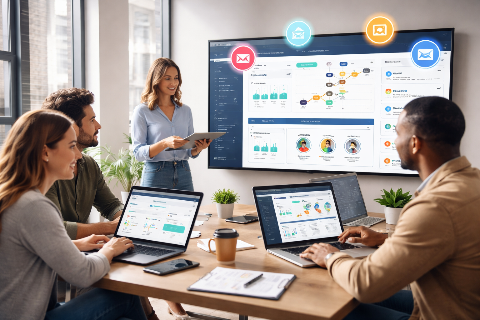 Marketing team using marketing automation tools to analyze campaigns and engage customers during a strategy meeting