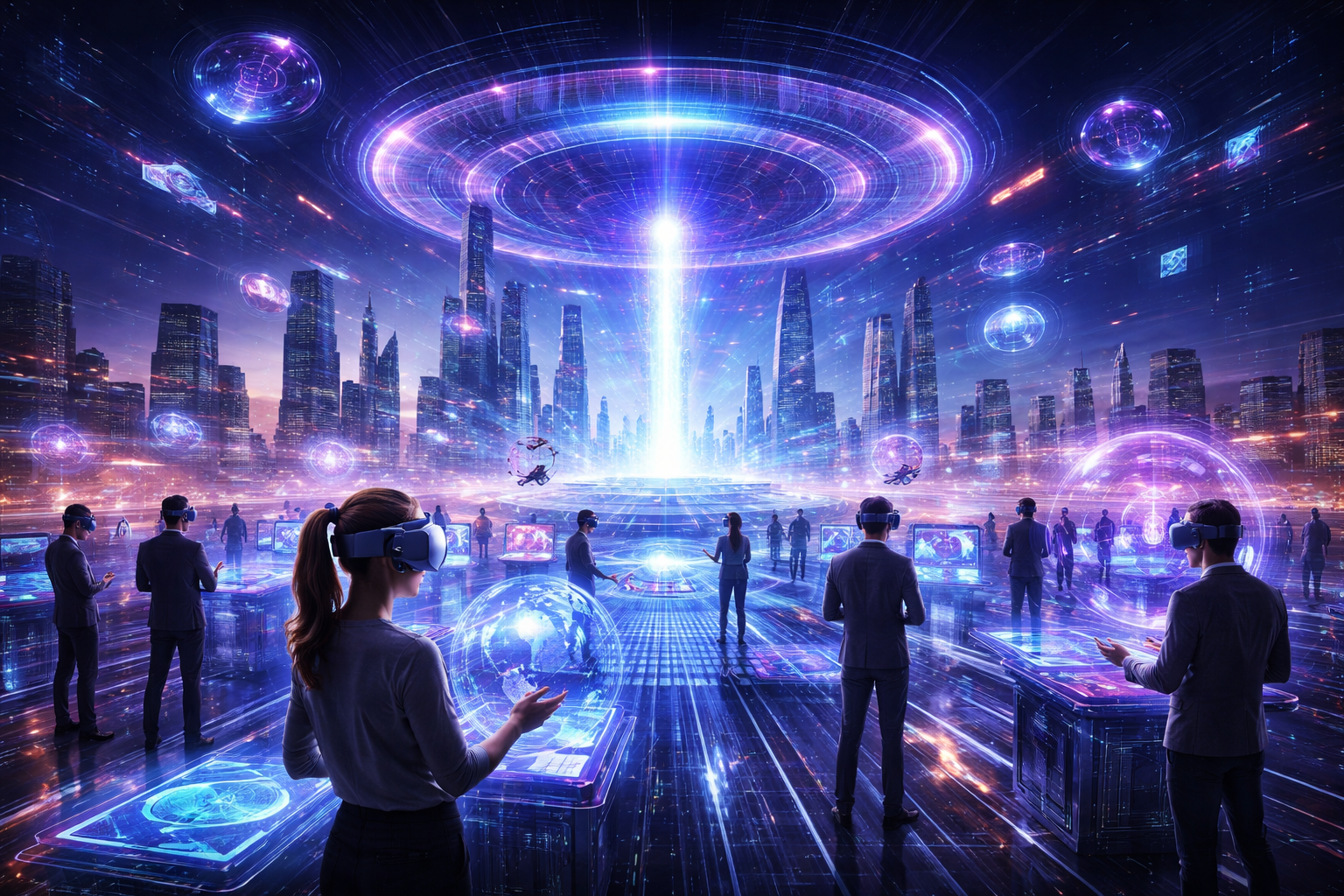 Metaverse systems environment with users wearing VR headsets interacting in a futuristic virtual city with holographic interfaces and digital networks