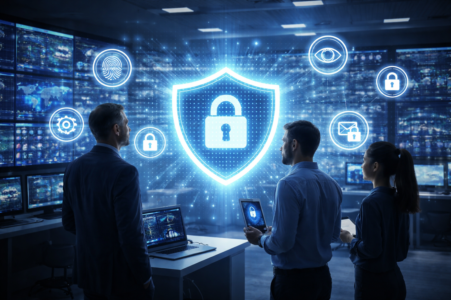 Cybersecurity professionals analyzing privacy tech in a modern operations center with digital security interface and encrypted data visualization