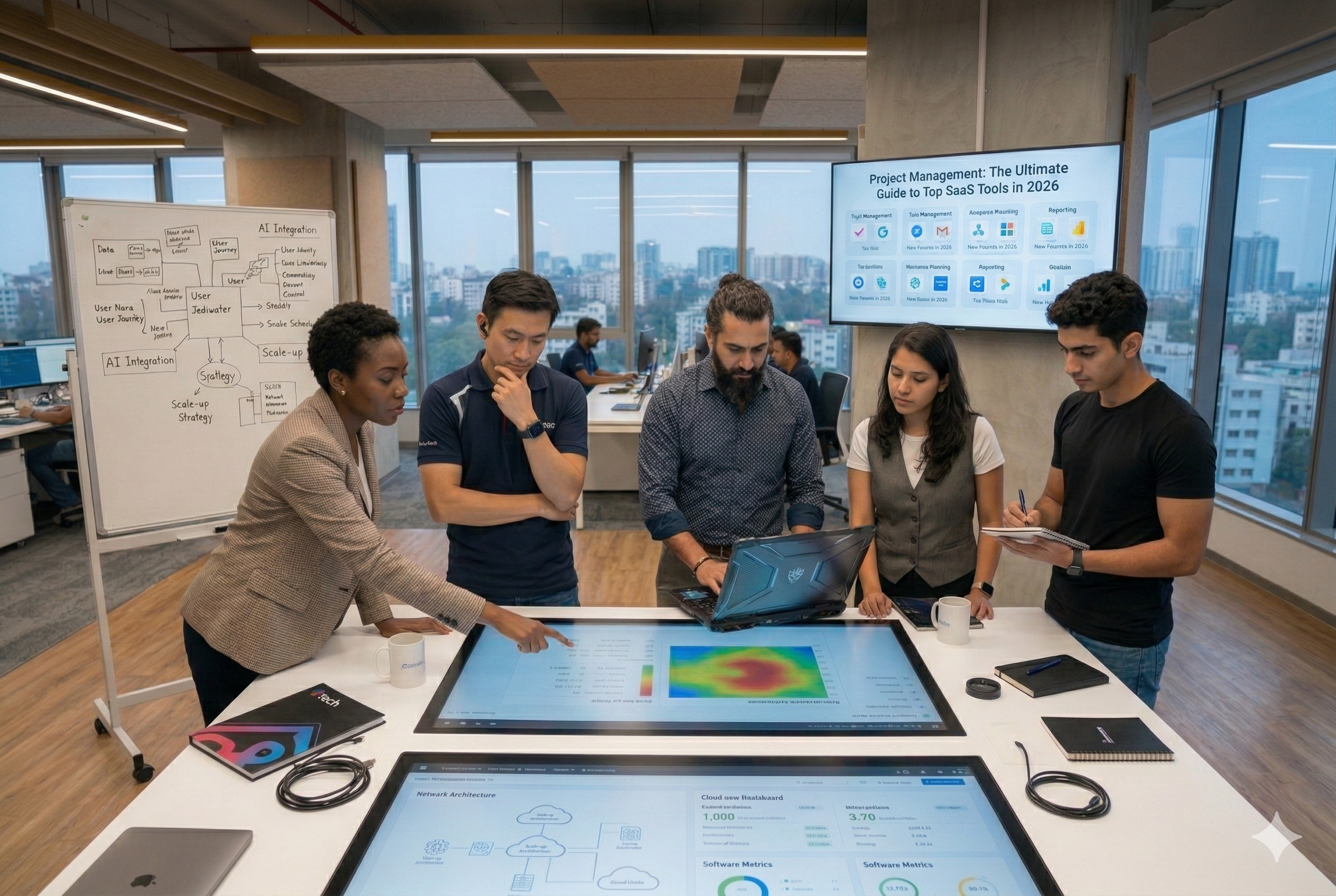 A diverse, multi-ethnic team of project managers and IT consultants in a modern office analyzing SaaS tool performance and workflows on a large interactive digital table and wall-mounted screen.