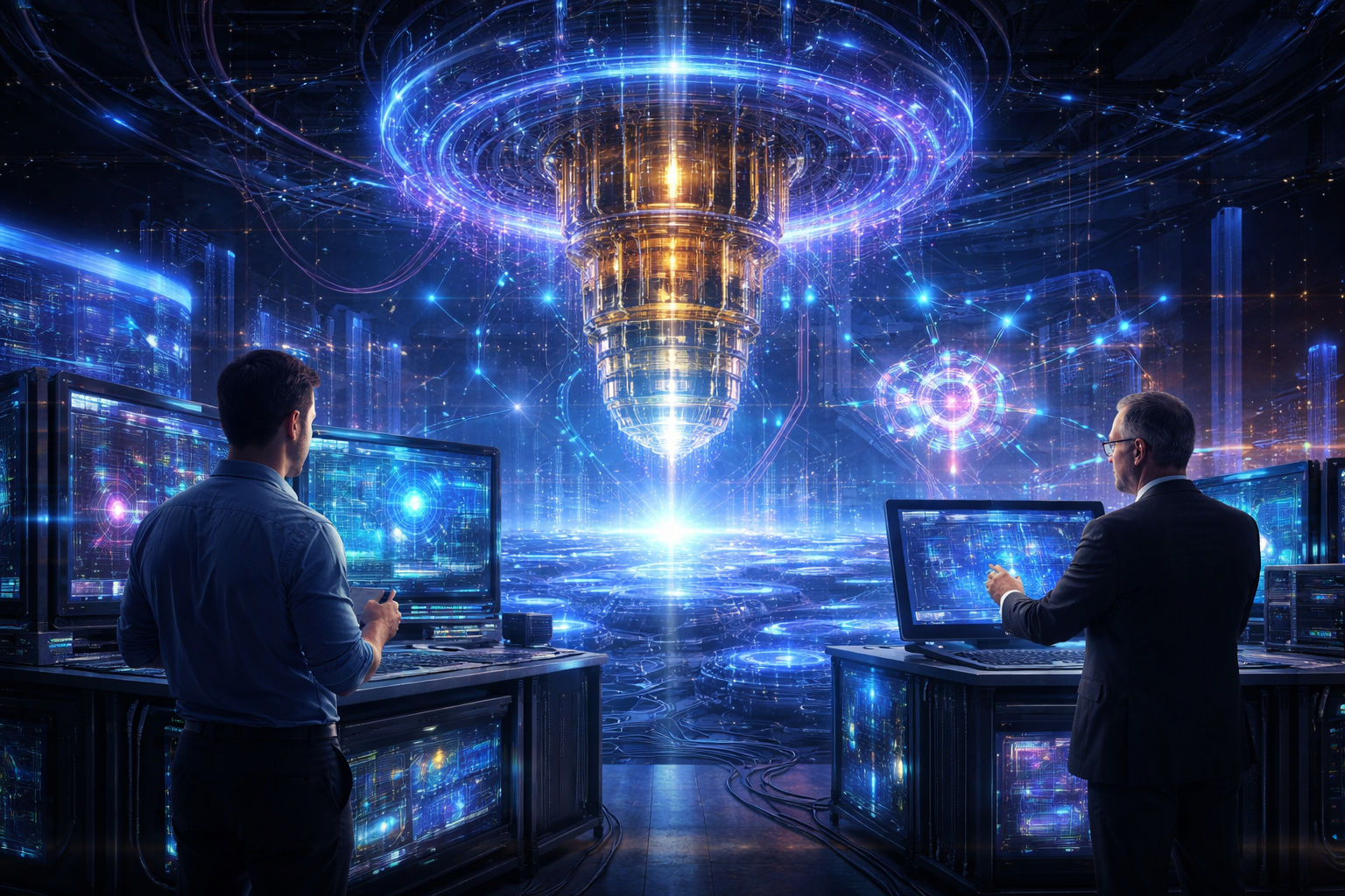 Quantum computing lab with scientists analyzing qubits and advanced data visualization in a futuristic high-tech environment