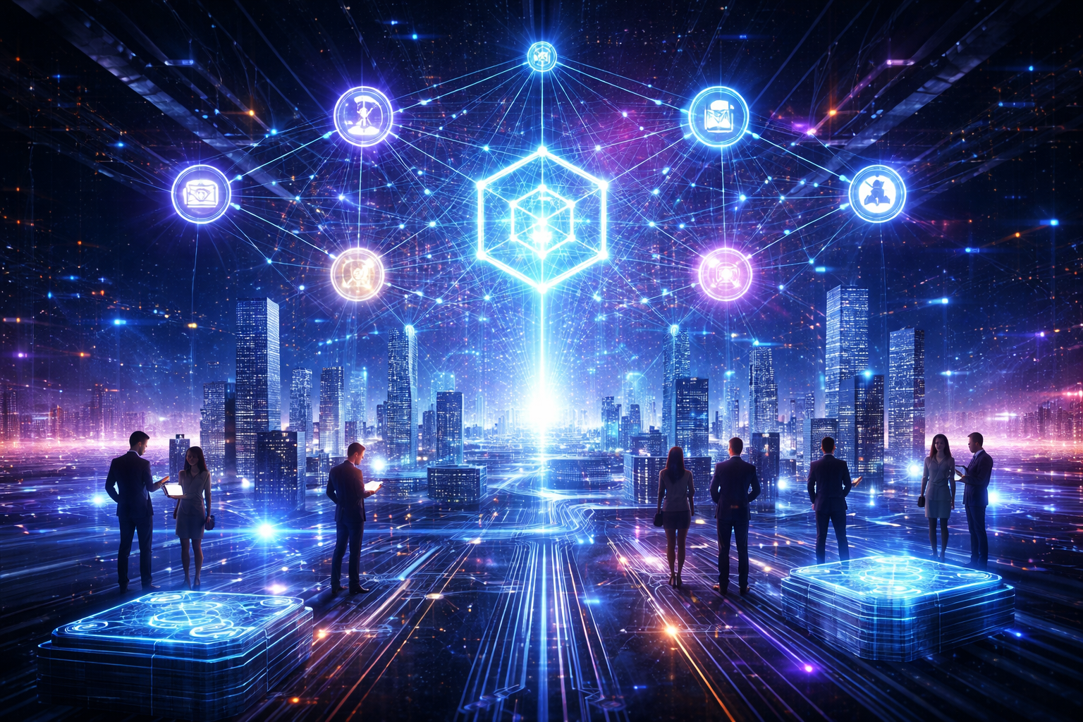 Web3 decentralized network visualization with blockchain connections, digital assets, and users interacting in a futuristic smart city environment