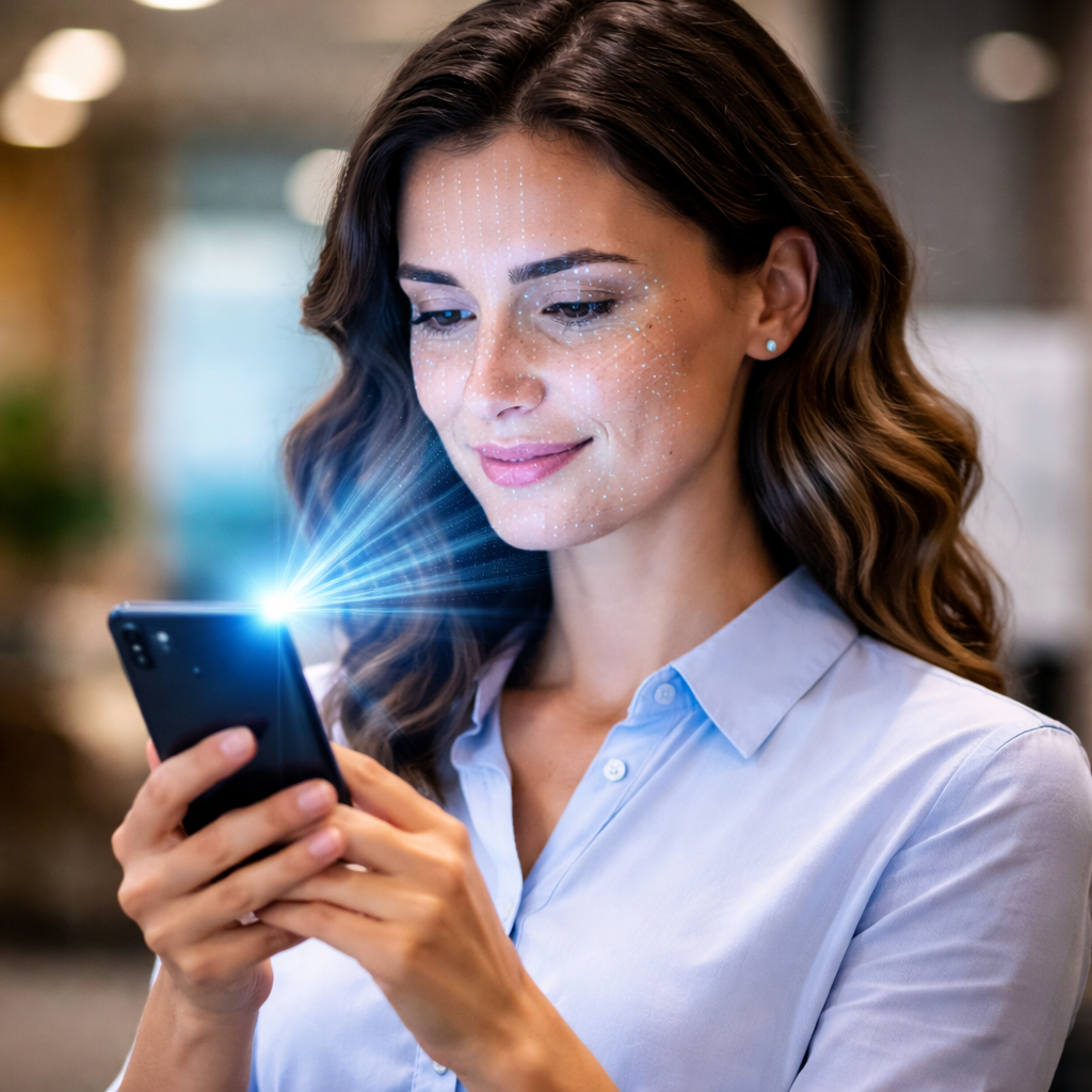 Employee using smartphone with facial recognition to verify identity, demonstrating what is biometrics in modern authentication