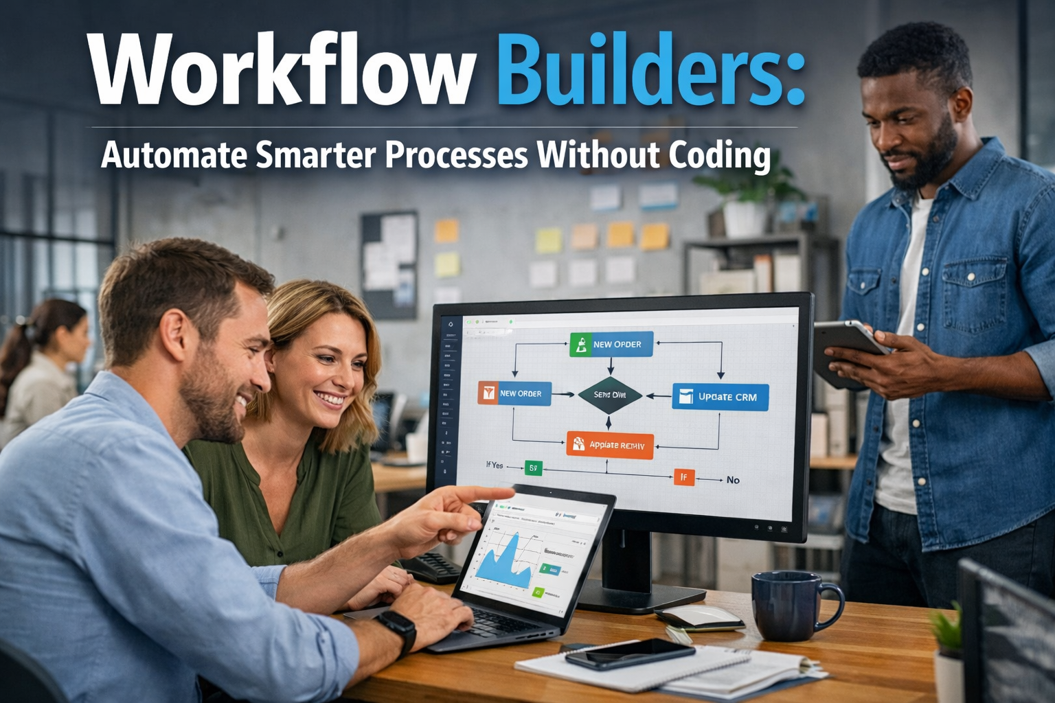 Workflow builders automation dashboard displayed in a modern office where a team designs no-code workflow automation processes
