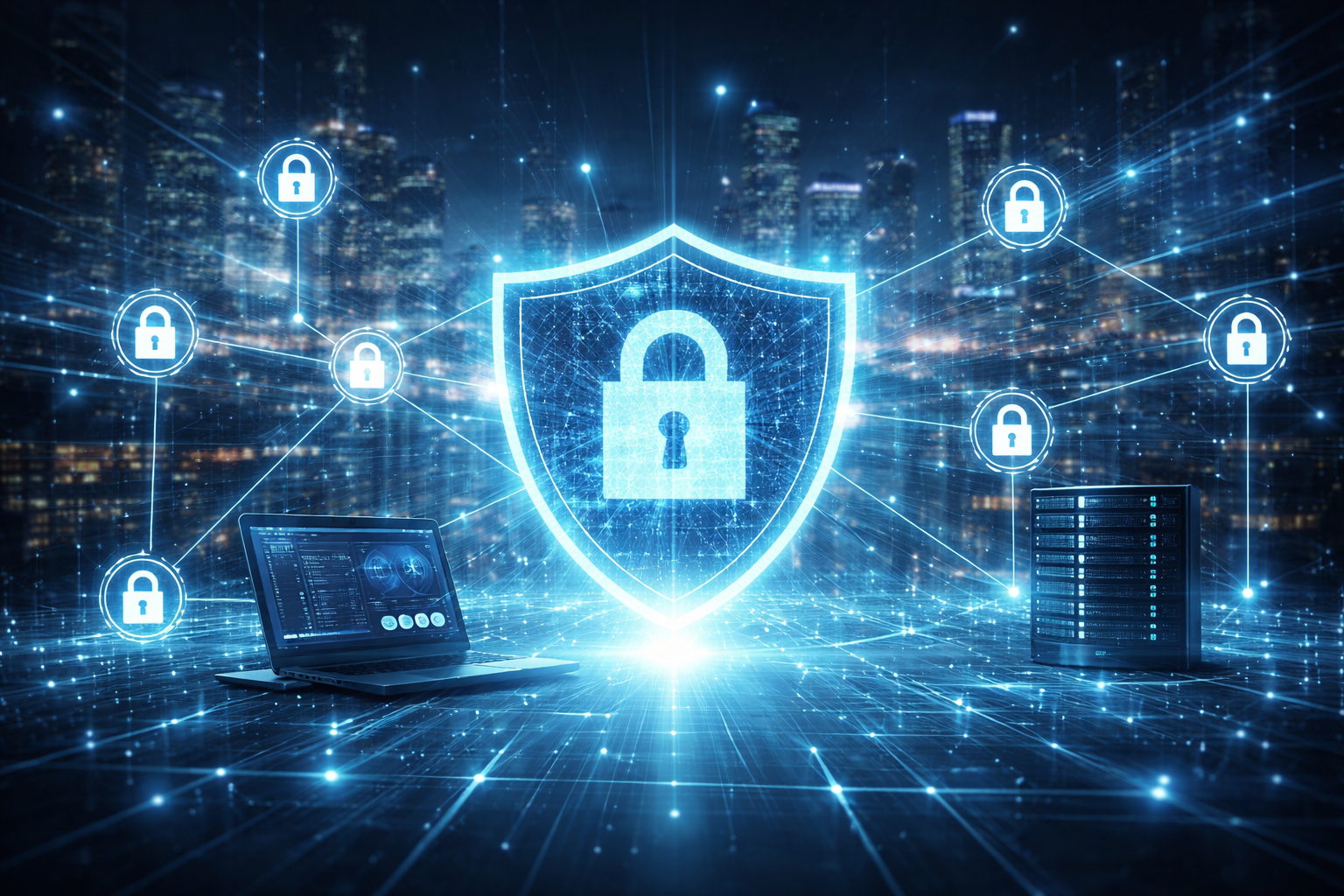 Zero Trust cybersecurity concept with digital shield, padlock icons, and secure network connections across cloud devices in a modern city