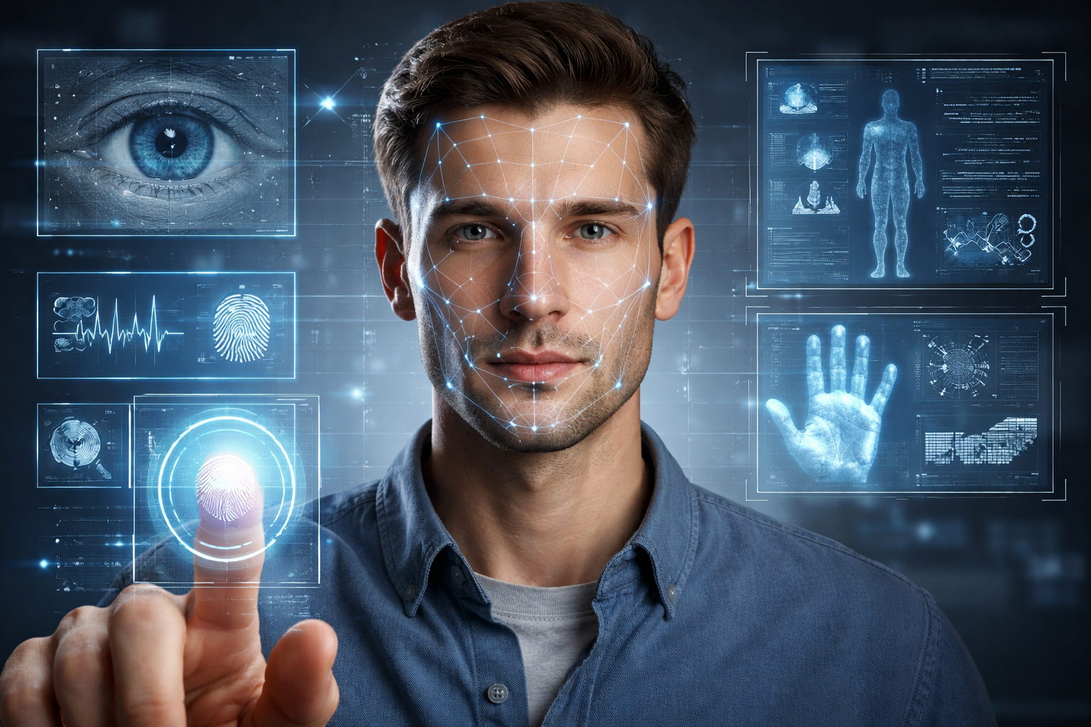Biometric authentication concept showing facial recognition scan, fingerprint identification, and digital identity interface in a futuristic security system
