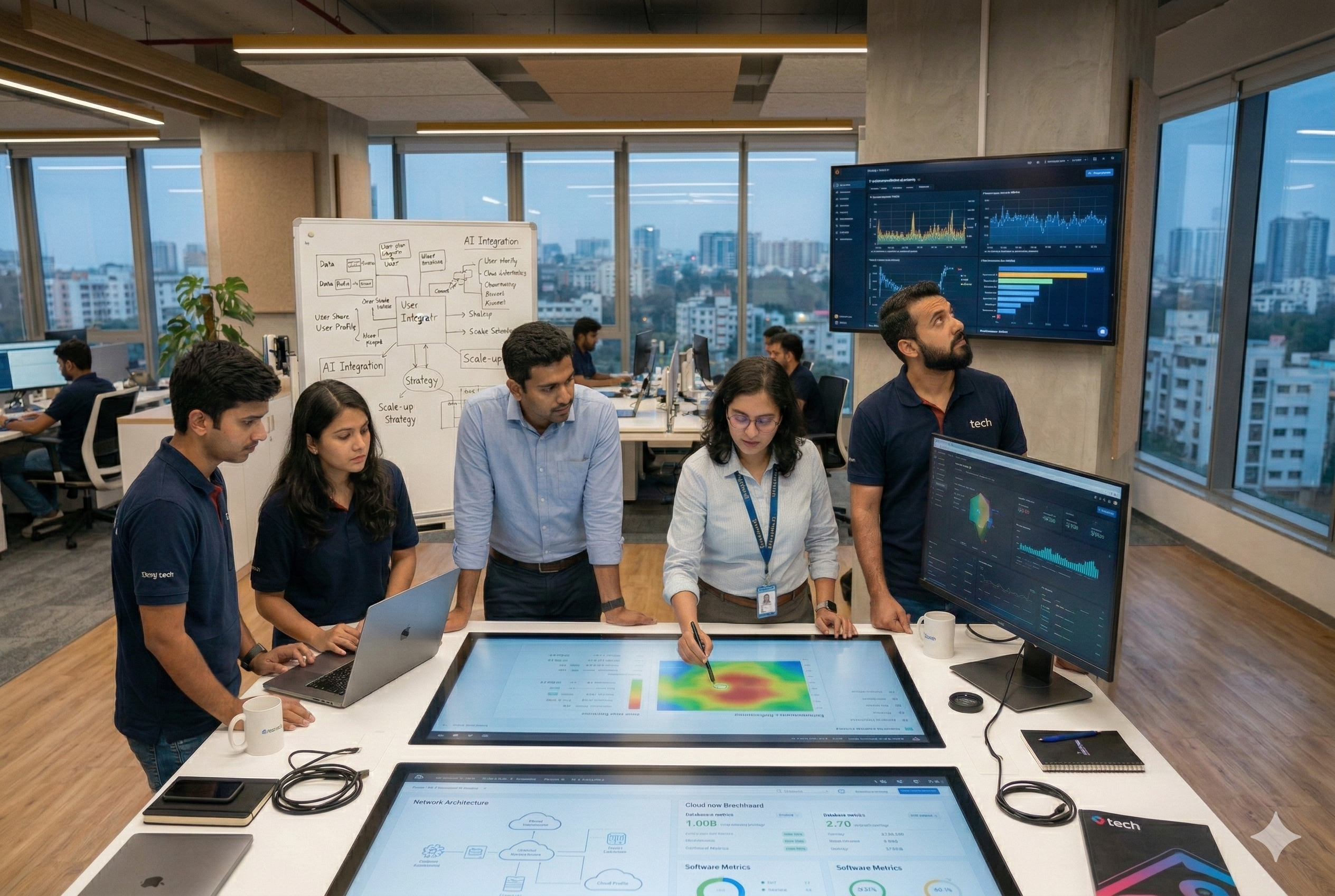 A diverse group of IT engineers and consultants in a modern office, collaborating around a large touchscreen table displaying data analytics and platform architecture diagrams.