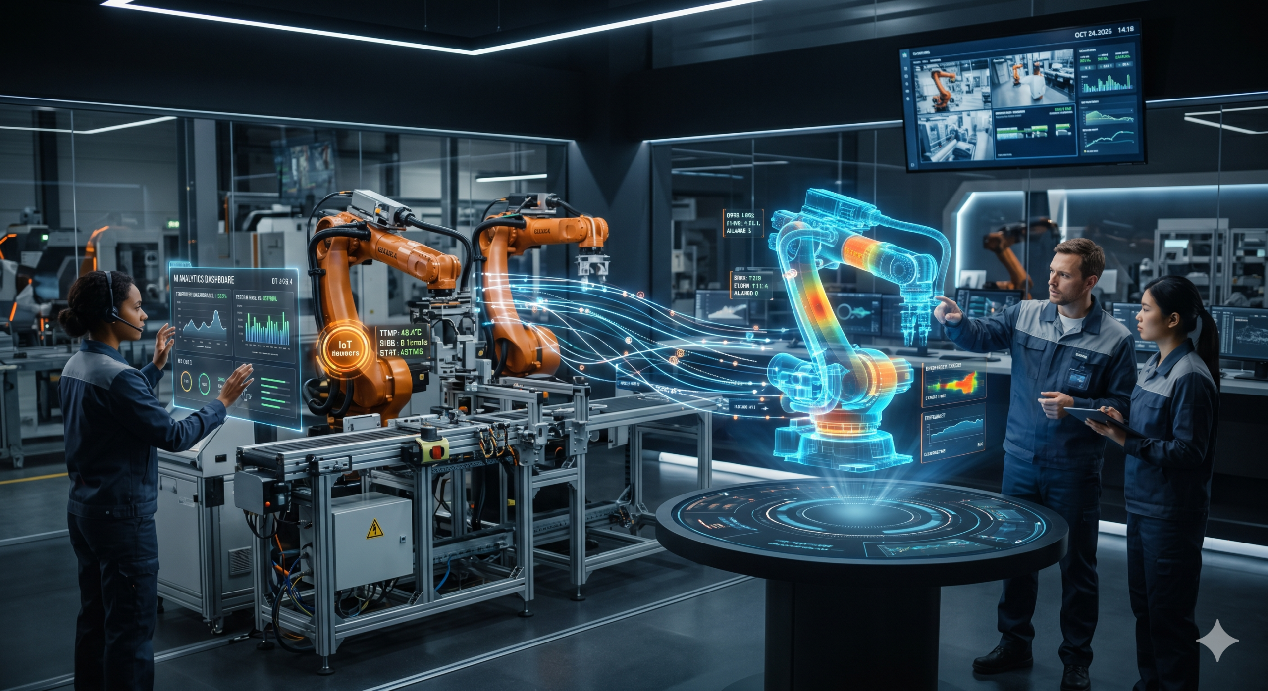 AI agents in business managing smart factory operations with digital twin, IoT sensors, and real-time analytics dashboards
