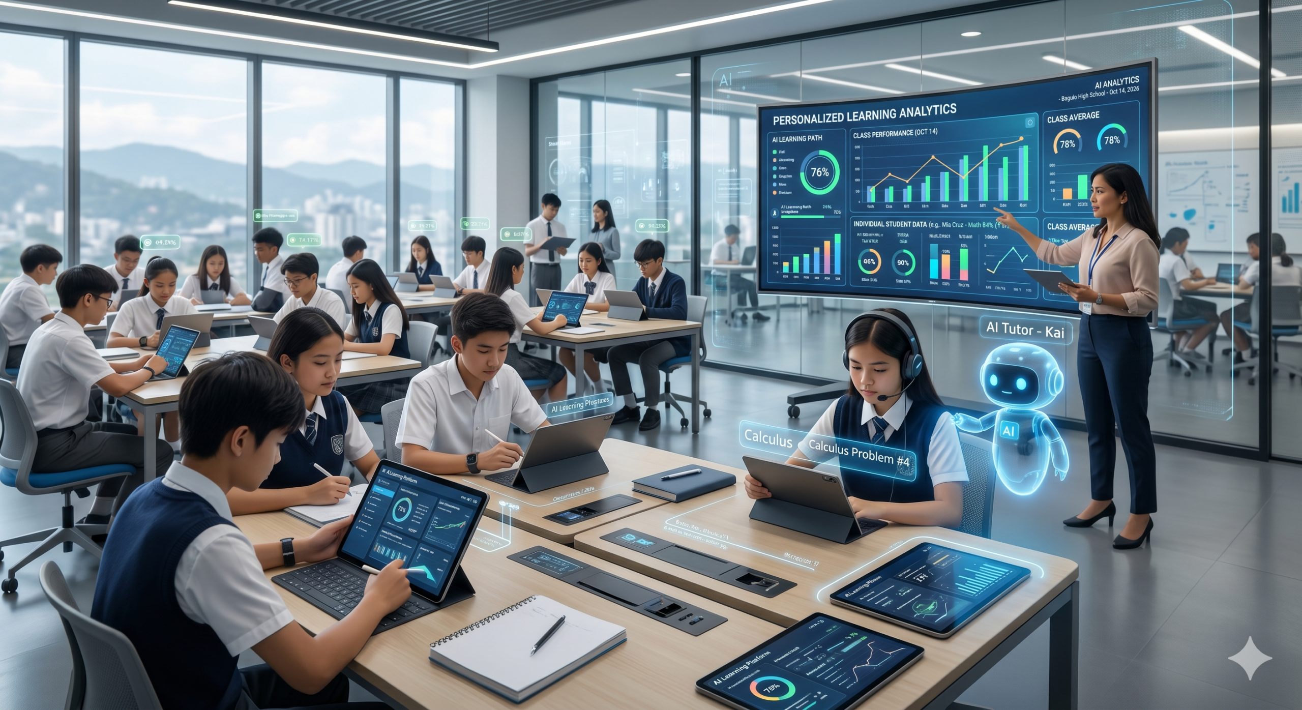 AI in education classroom with students using tablets personalized learning analytics and virtual AI tutor assisting learning