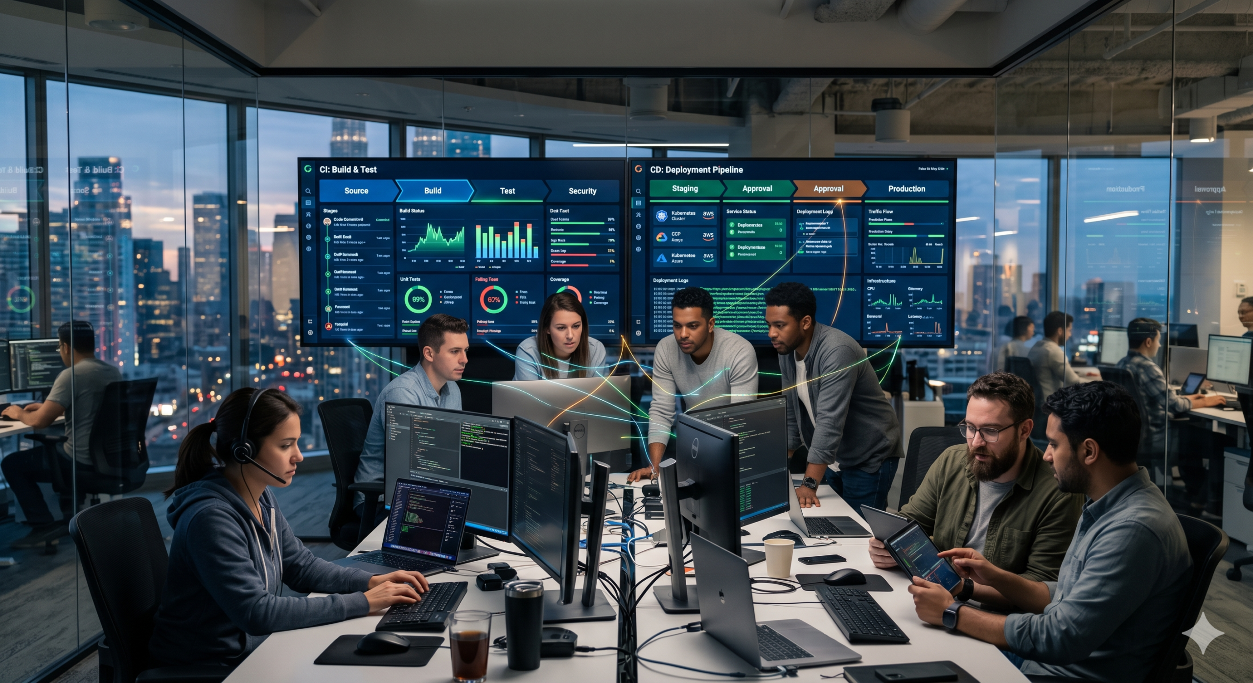 CI/CD pipeline dashboard with developers monitoring build, test, and deployment processes in a modern DevOps workspace in 2026