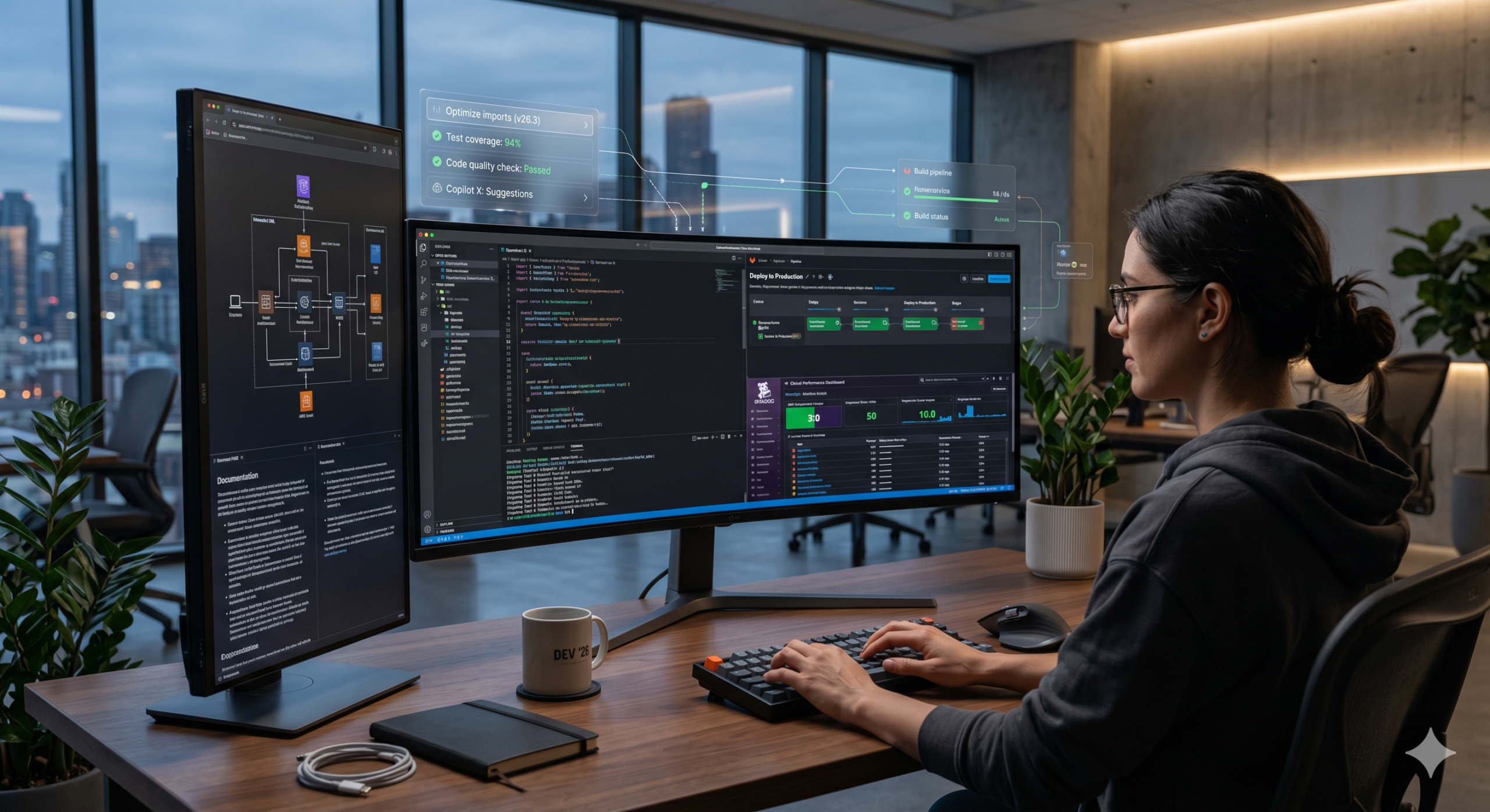 Developer using advanced dev tooling with CI/CD pipelines, code editor, and system architecture dashboards on a multi-monitor setup in a modern workspace
