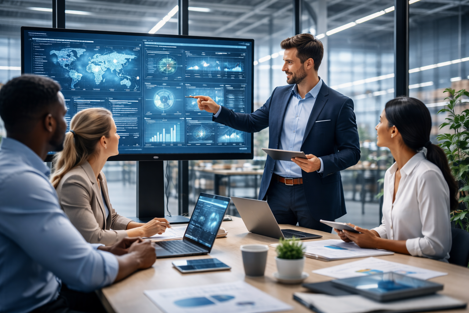 Business professionals collaborating on digital strategy using data analytics dashboards, performance metrics, and technology-driven insights in a modern office