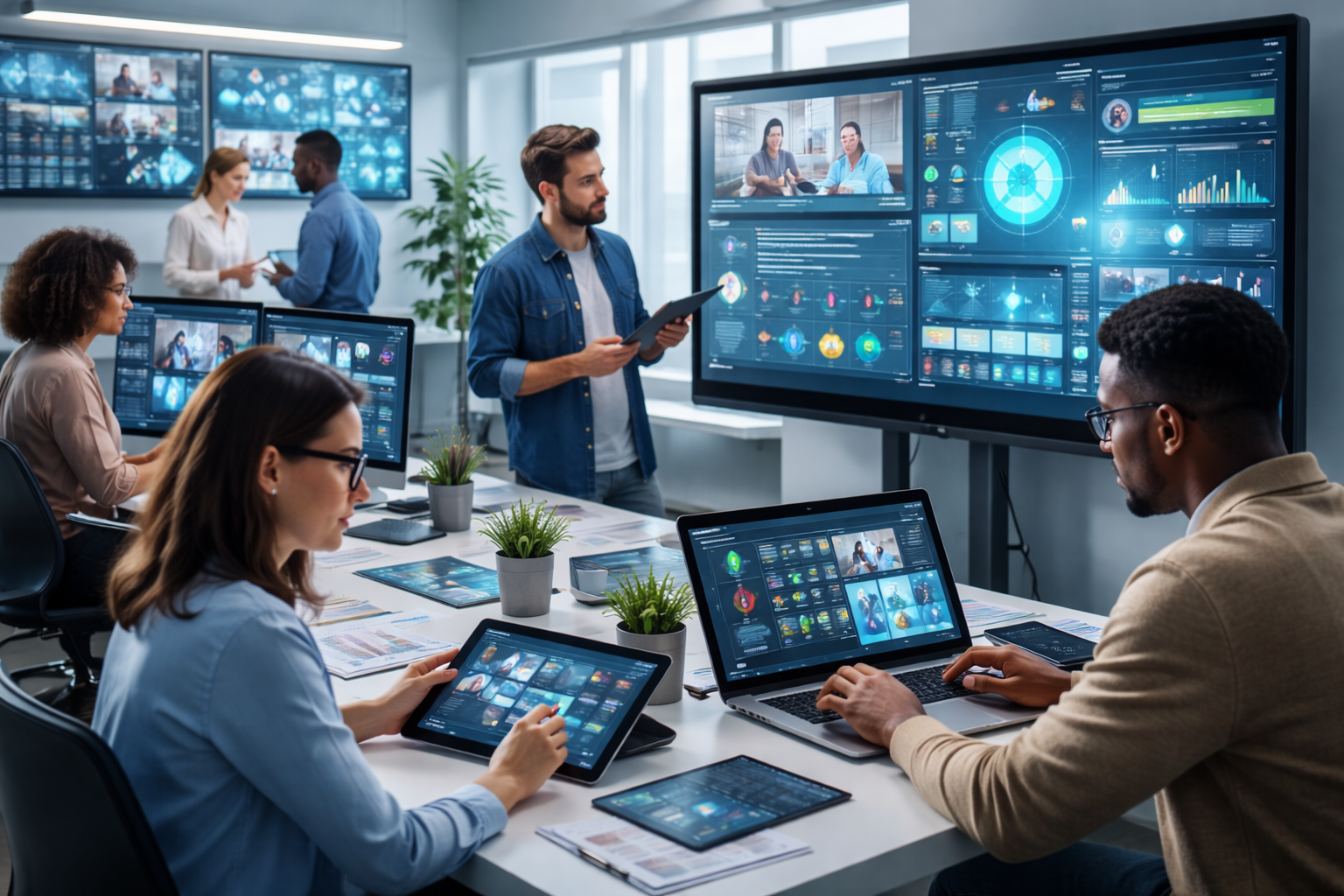 EdTech professionals collaborating using digital learning platforms, analyzing student data on dashboards and interactive screens in a modern workspace