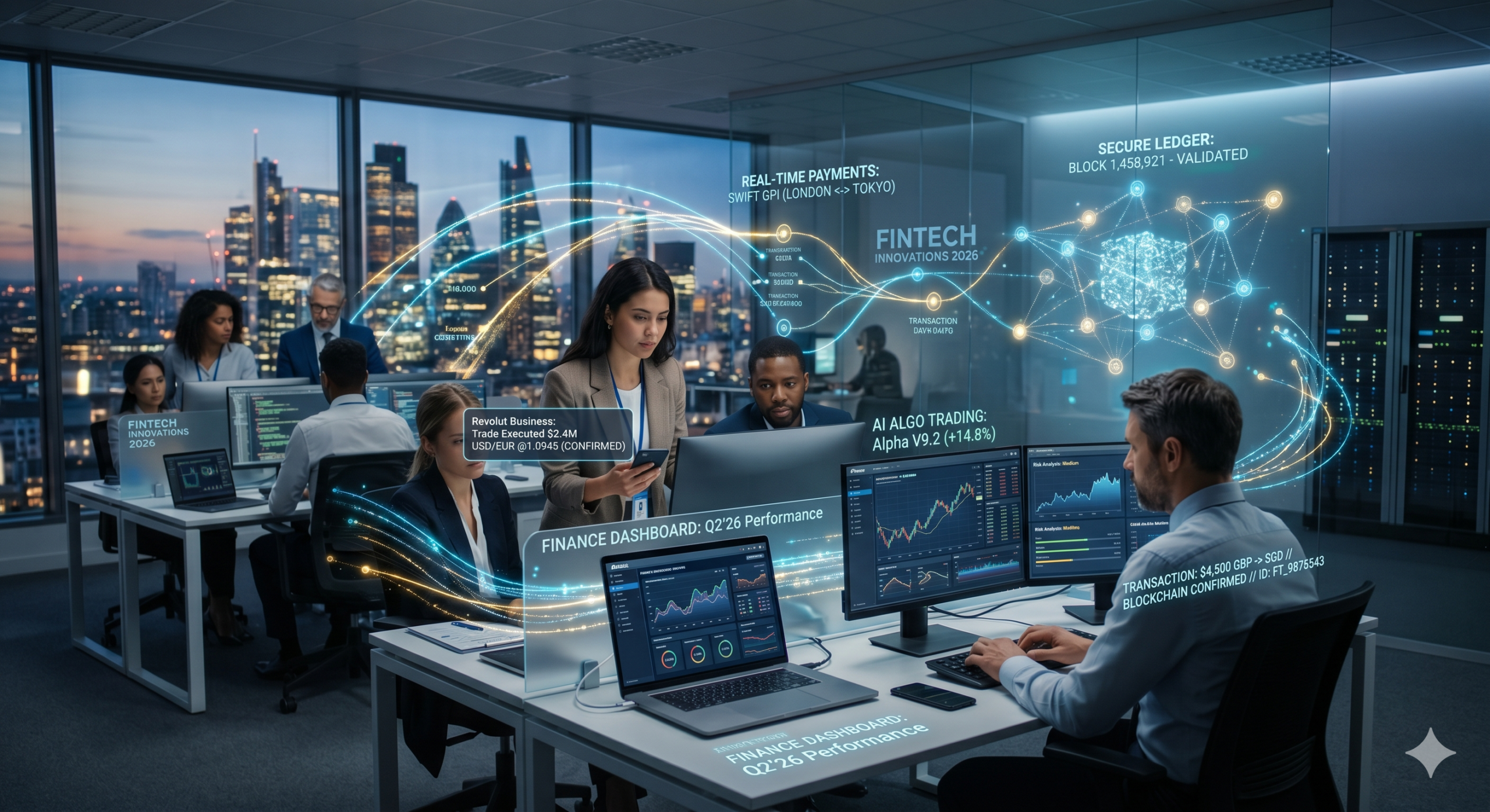 fintech platforms with real time payments AI trading dashboards blockchain network and financial analytics in modern office