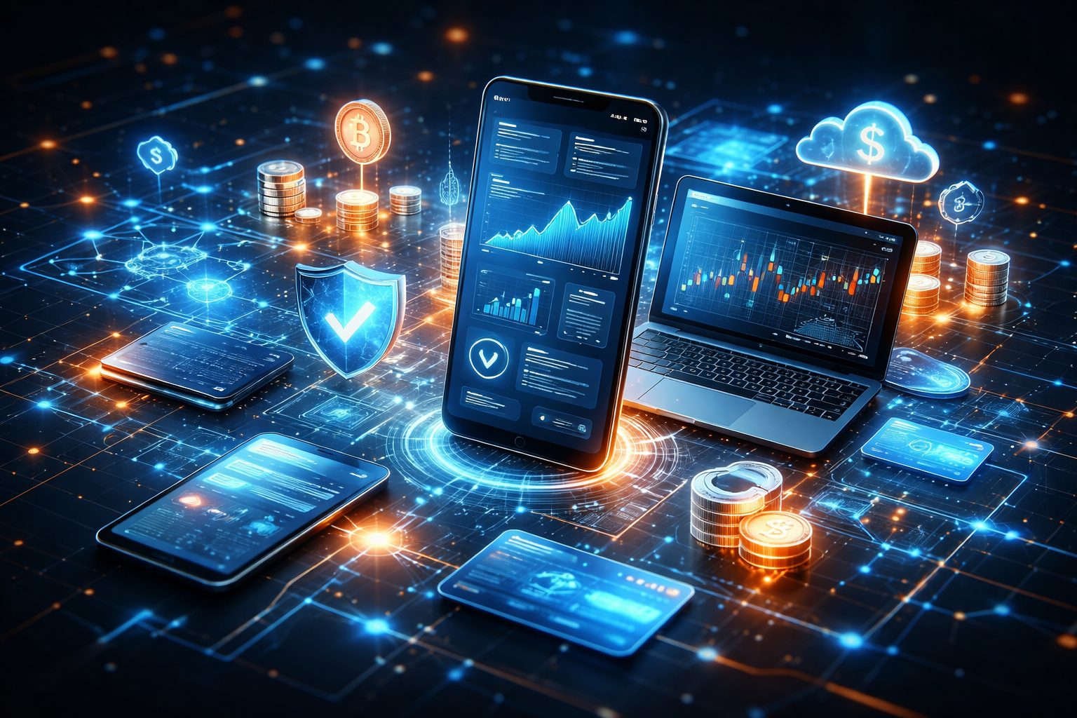 Advanced fintech system interface showing digital payments, blockchain network, financial analytics dashboard, and secure cloud-based transactions