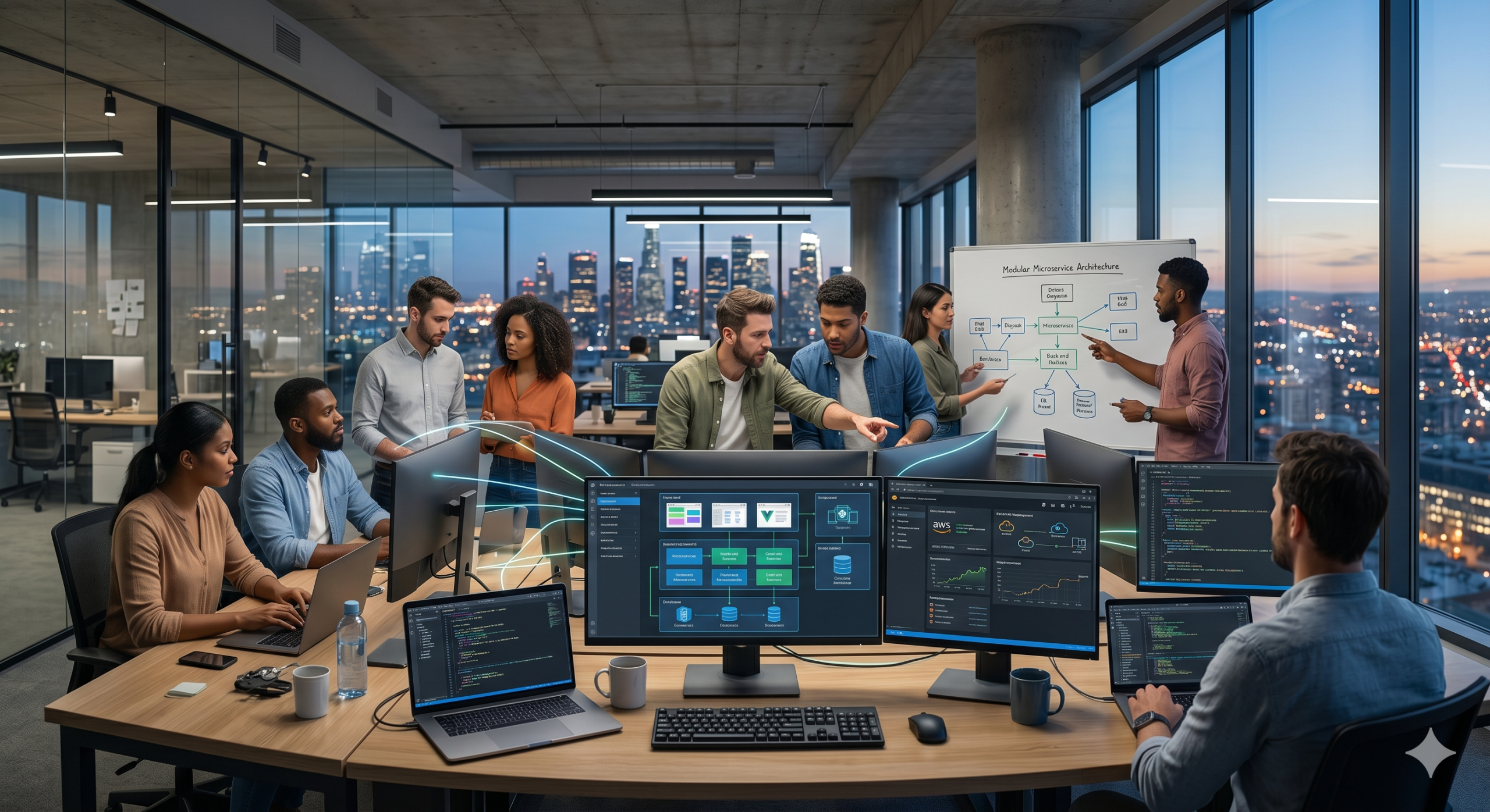 Frameworks in 2026 showing software developers collaborating on scalable application architecture with microservices, APIs, and cloud integration in a modern office