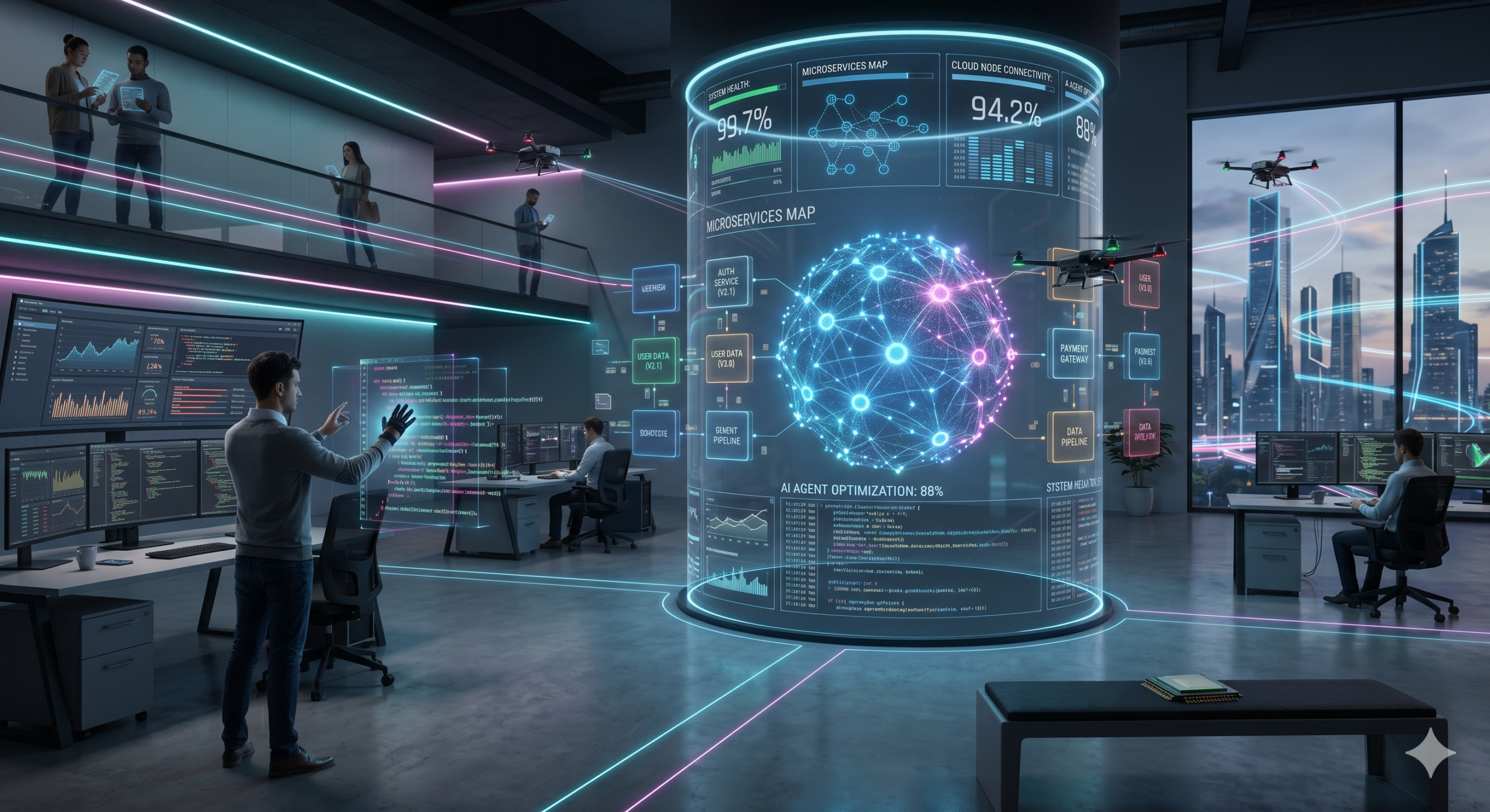 futuristic software systems environment with AI dashboards, microservices architecture visualization, cloud connectivity, and developers using holographic interfaces