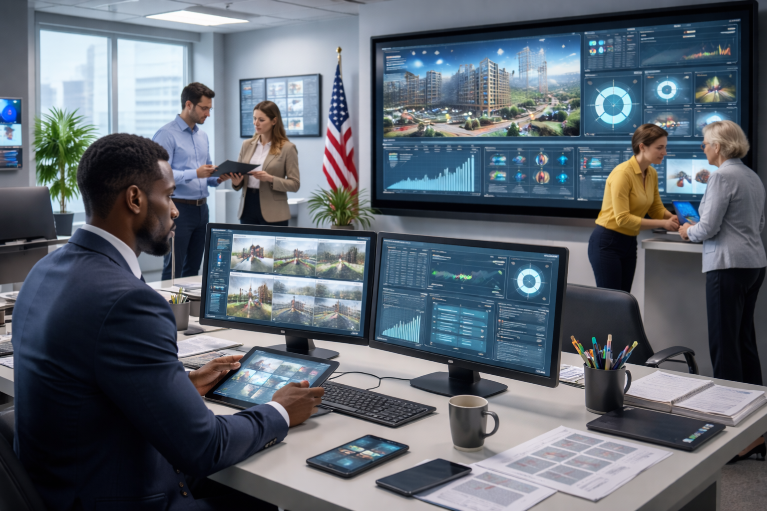 Government employee using GovTech systems with digital dashboards, data analytics, and public service platforms in a modern office environment