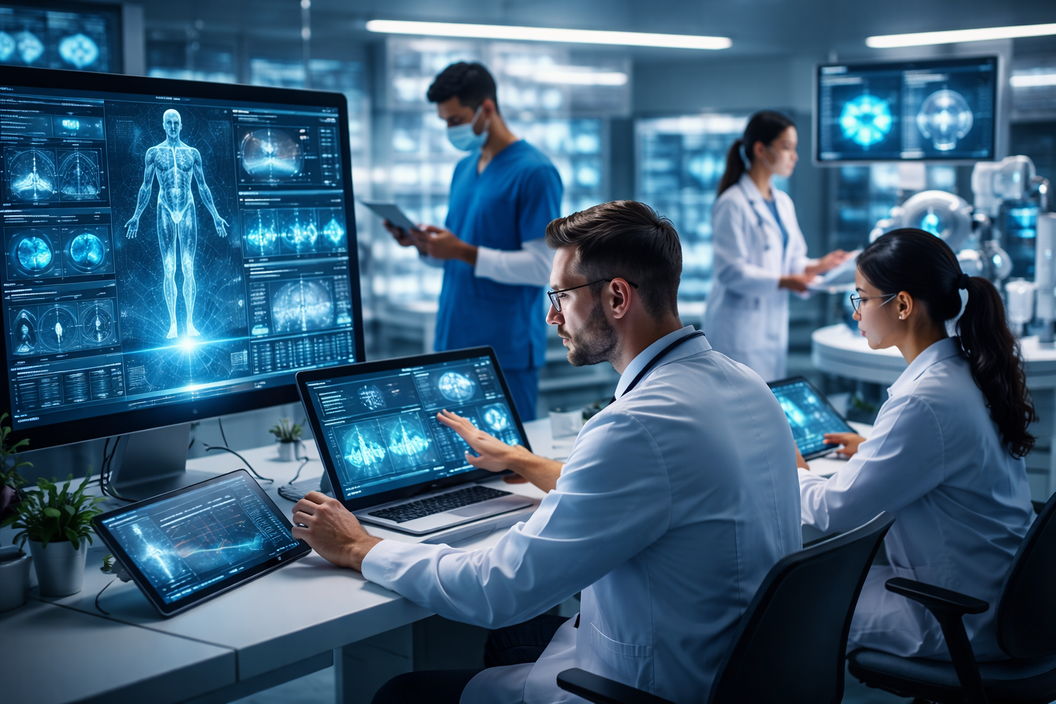 Healthcare technicians using advanced healthtech systems, analyzing digital patient data, medical imaging, and AI-powered diagnostics in a modern lab