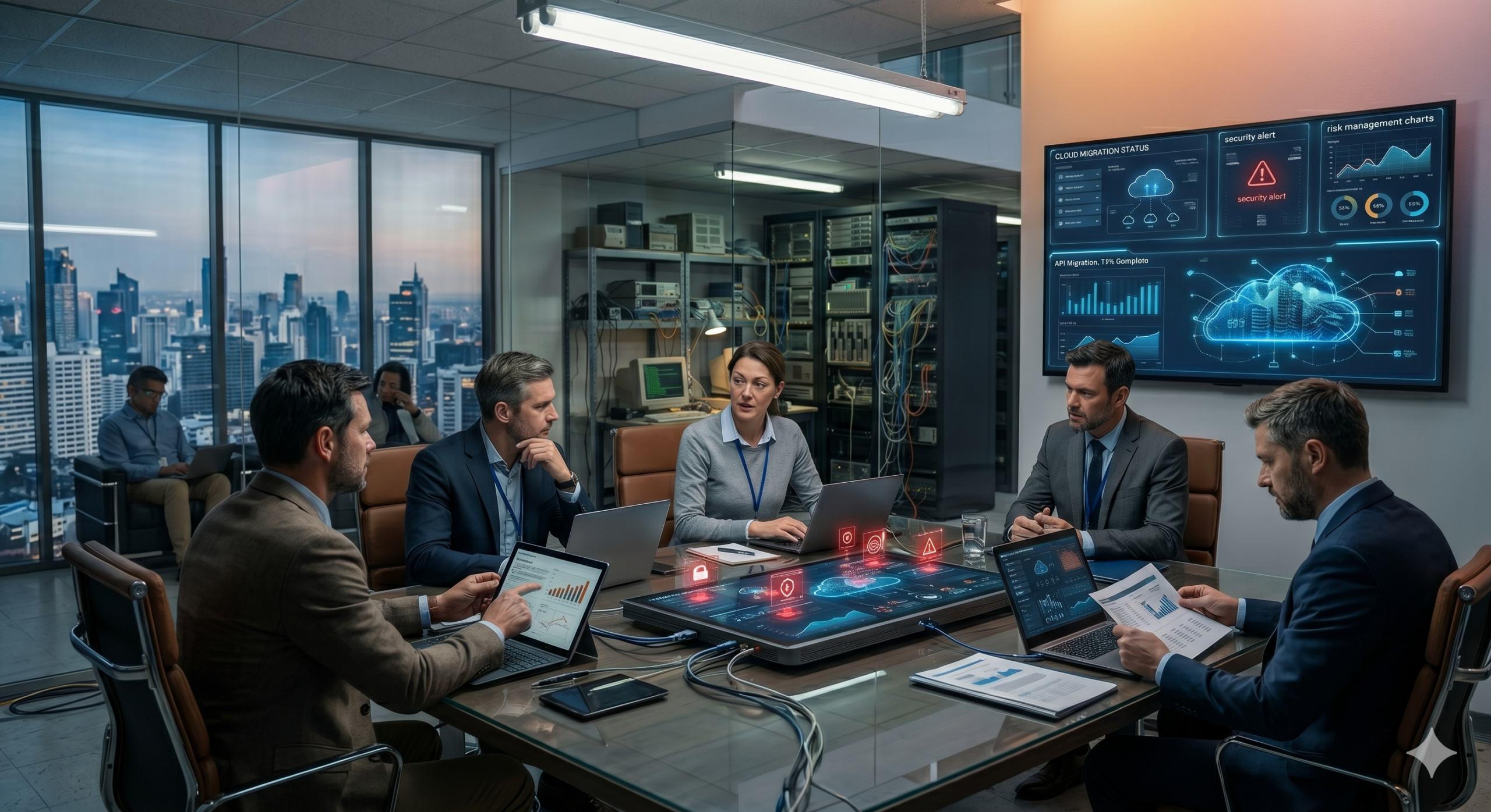 IT governance meeting with executives analyzing cybersecurity, cloud infrastructure, and risk management dashboards in a modern enterprise boardroom