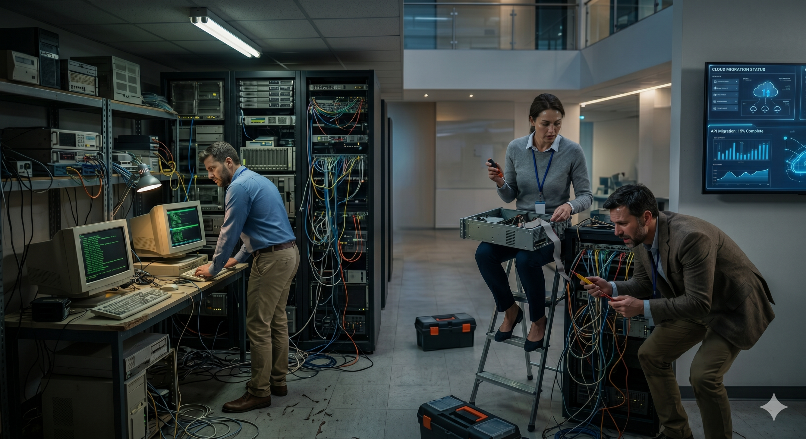Legacy systems infrastructure showing outdated server room and IT professionals maintaining aging hardware alongside modern cloud migration dashboards
