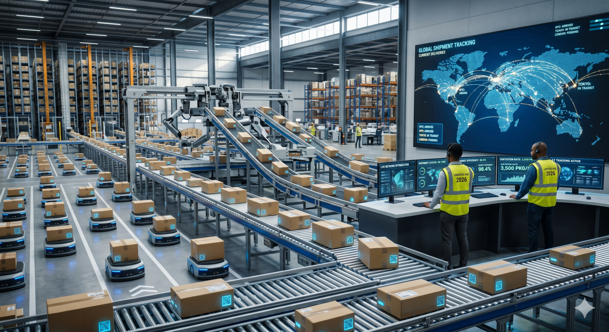 logistics automation warehouse with conveyor systems robots real time shipment tracking and AI supply chain analytics