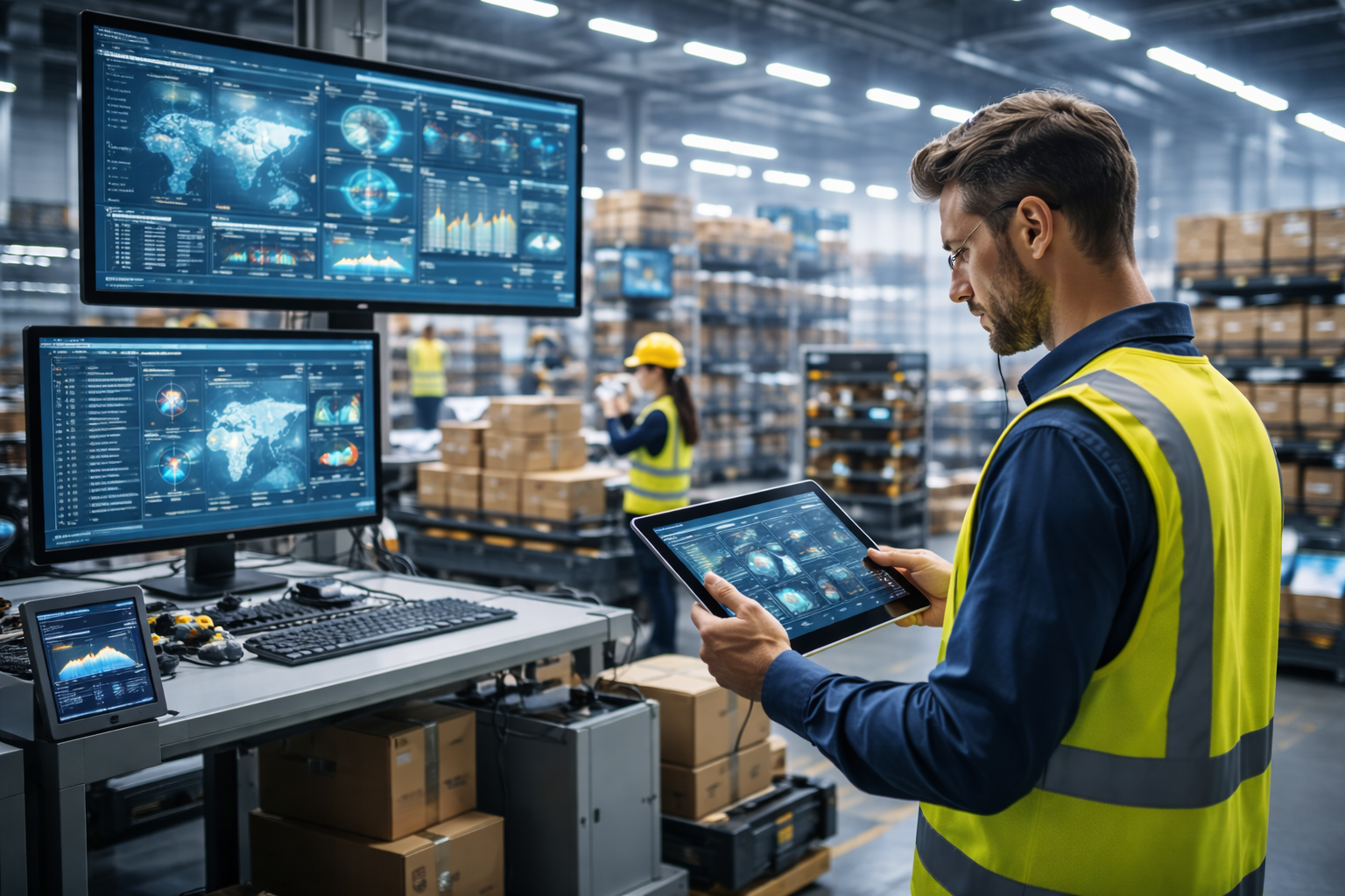 Logistics tech professional managing smart warehouse operations using real-time tracking dashboards, automation systems, and digital supply chain analytics
