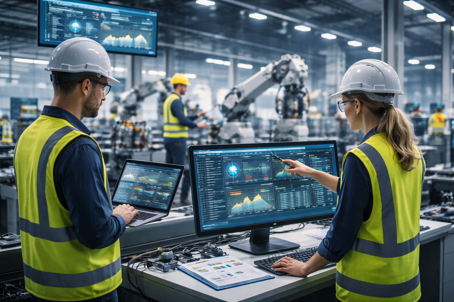 Manufacturing engineers monitoring smart factory systems with robotics, automation, and real-time data dashboards in an Industry 4.0 environment