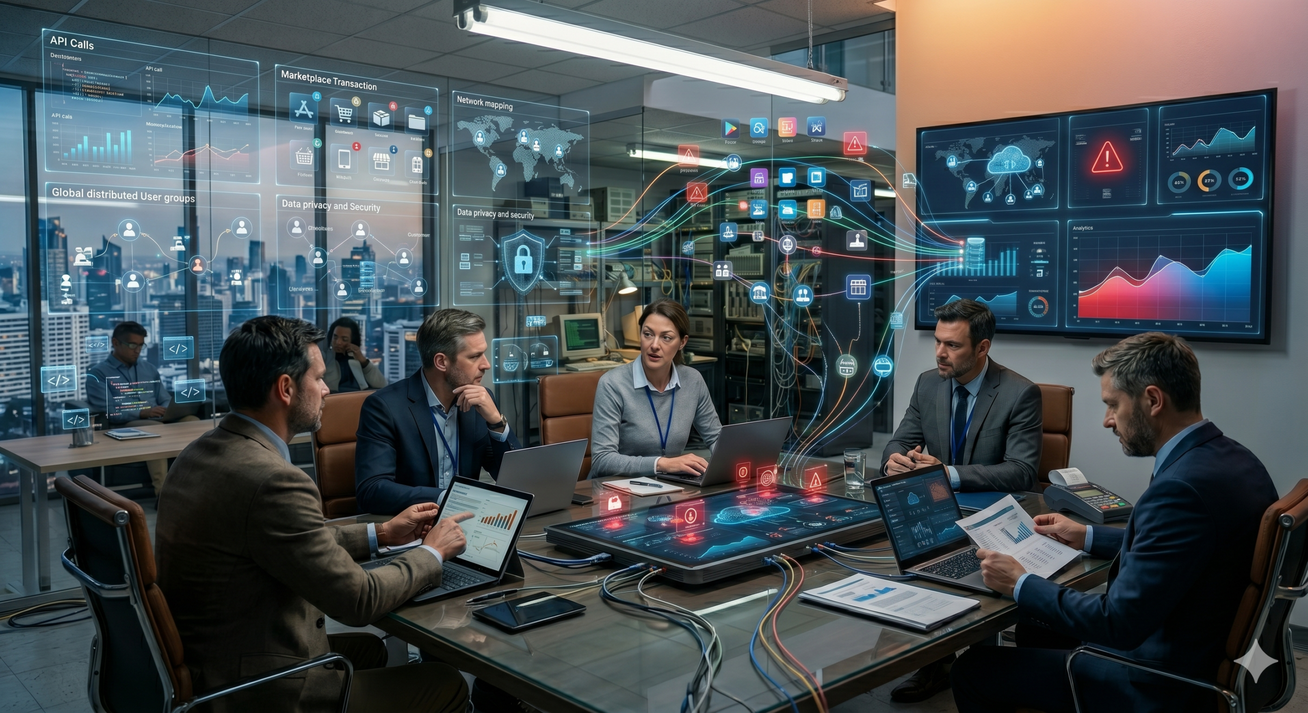 Platform strategy concept showing digital ecosystem with APIs, user networks, marketplace transactions, and cloud infrastructure in a modern enterprise environment