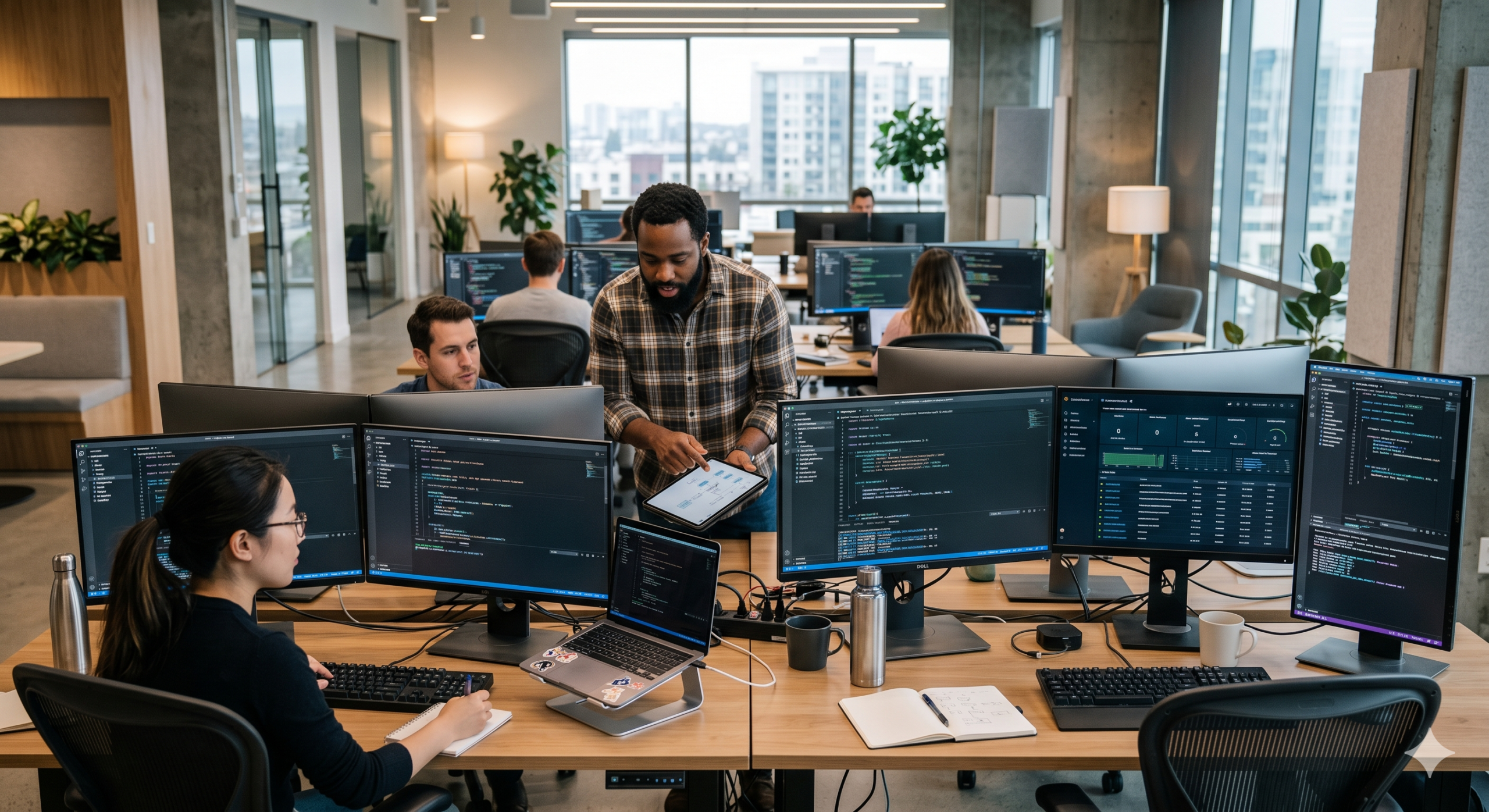 Programming languages development workspace with software engineers coding on multiple monitors in a modern office environment