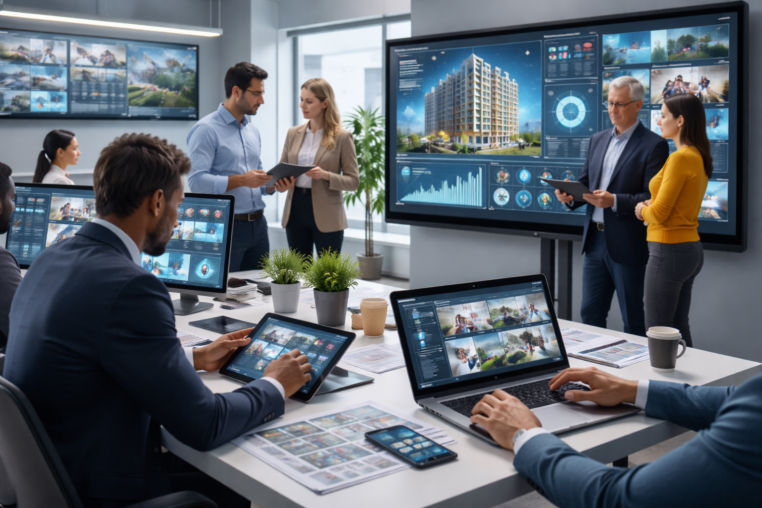 Real estate professionals using PropTech platforms, analyzing property data, digital dashboards, and smart building insights in a modern office