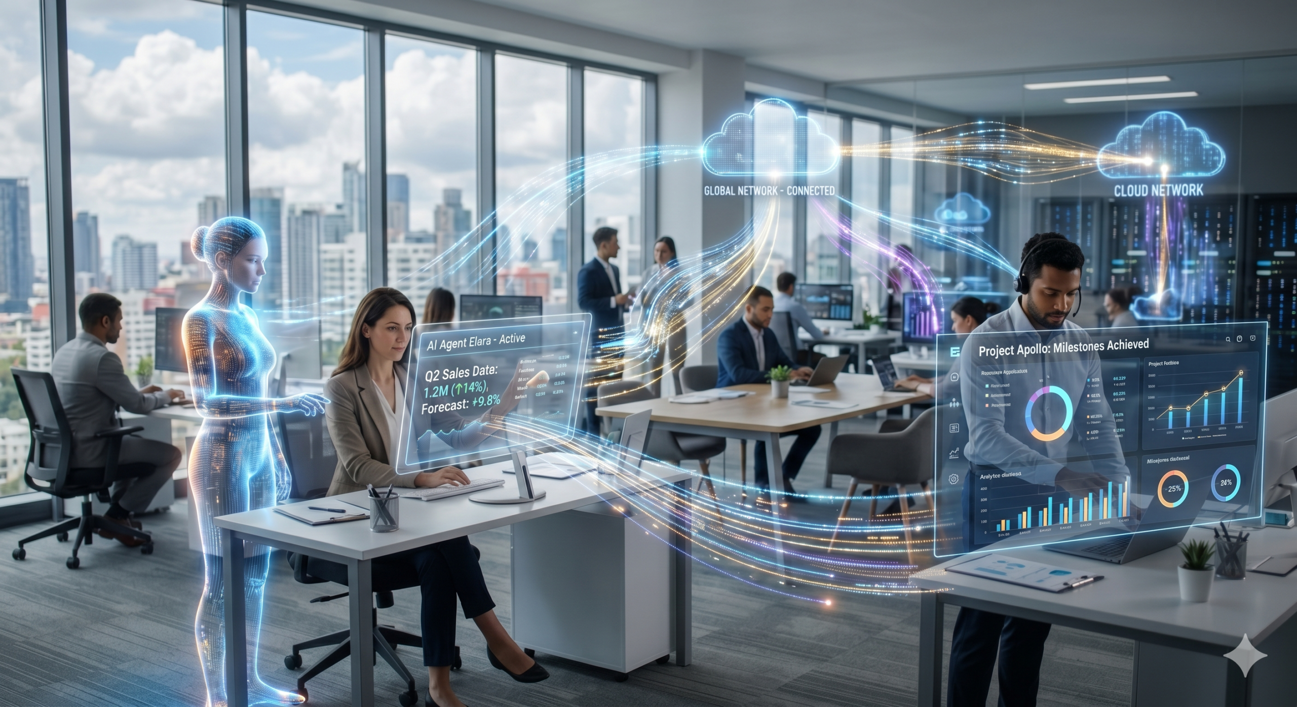 quantum computing system with cloud integration, AI analytics dashboards, and data processing visualization in modern office environment