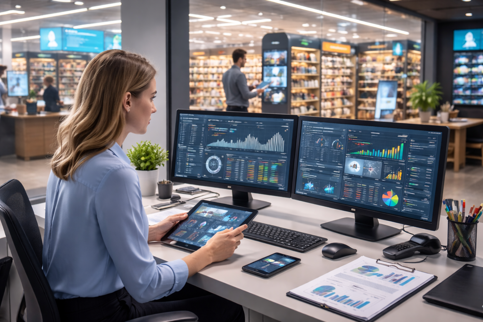 Retail tech professional analyzing sales data on digital dashboards in a smart store environment using AI-powered retail systems and analytics tools